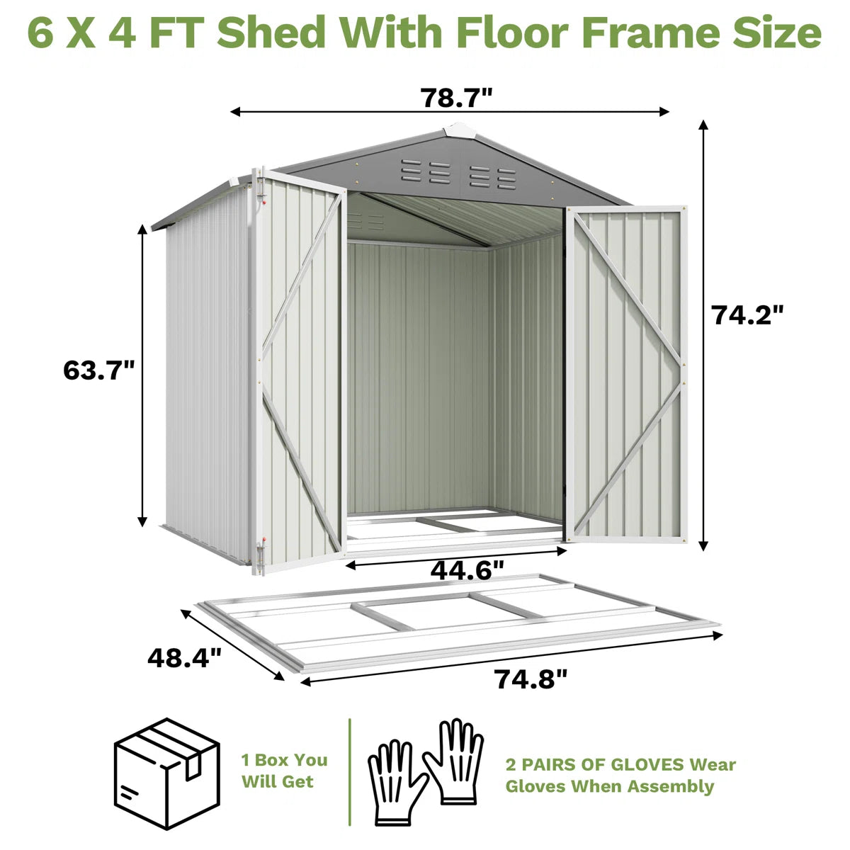 Patiowell 6x4 Metal Shed with Floor Frame, White