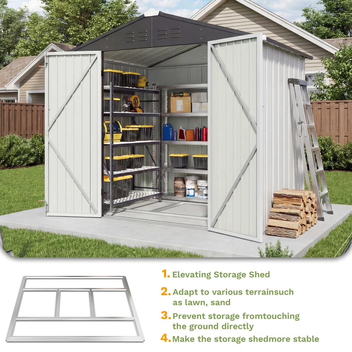 Patiowell 6x4 Metal Shed with Floor Frame, White