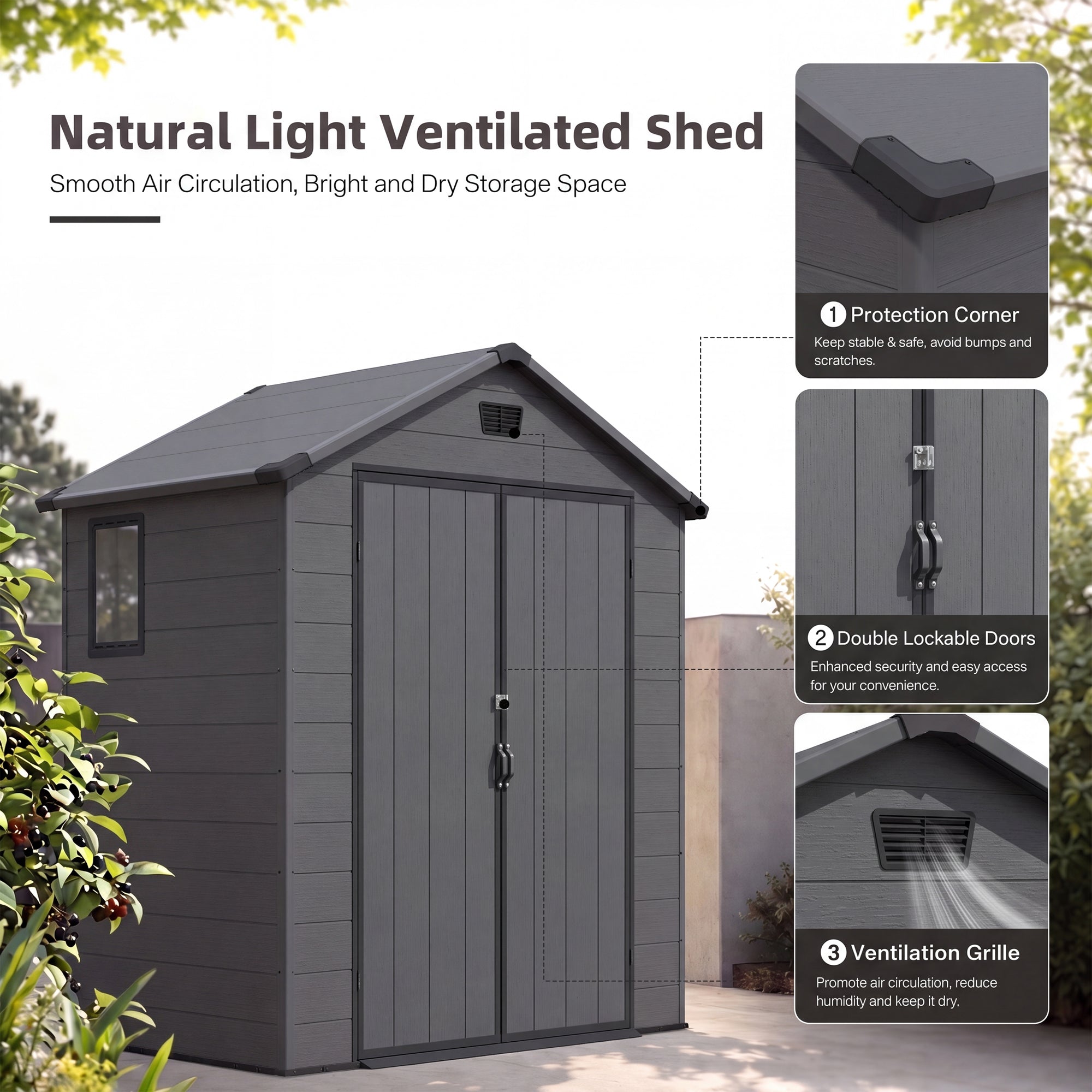 Patiowell 6x4 Plastic Shed with Window, Vent & Sloped Roof, Dark Gray
