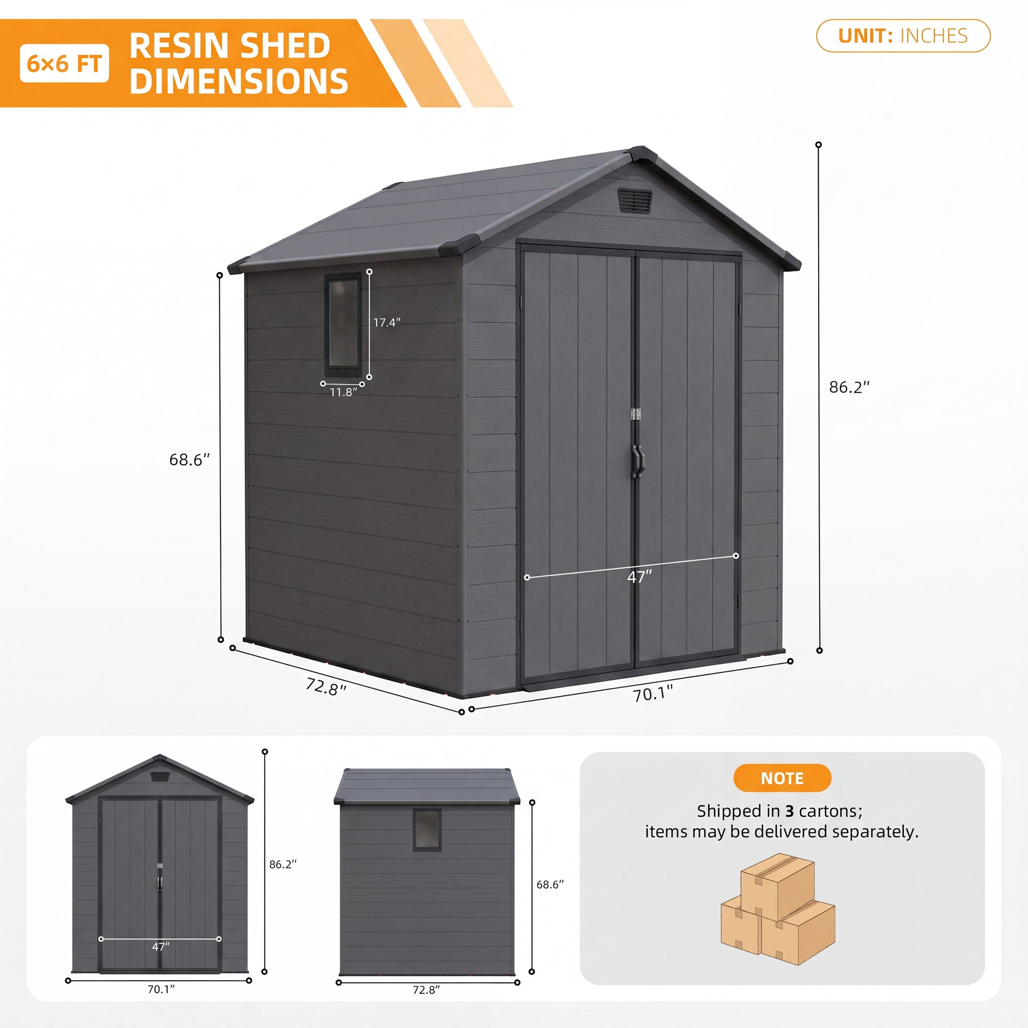 Patiowell 6x6 Plastic Shed with Window, Vent & Sloped Roof, Dark Gray
