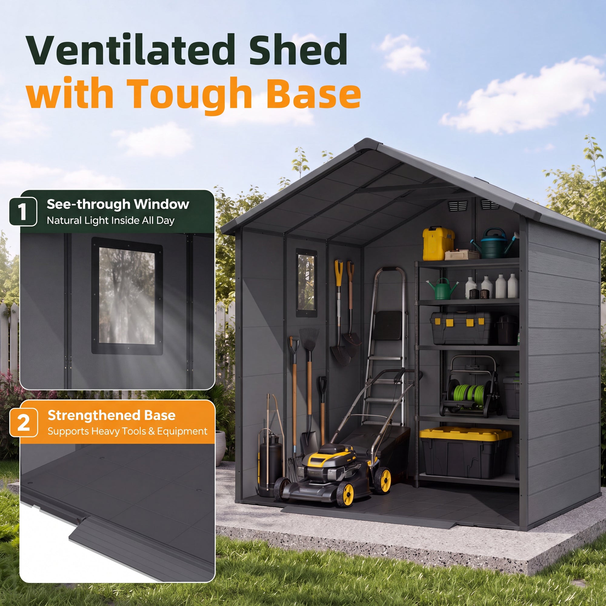 Patiowell 6x6 Plastic Shed with Window, Vent & Sloped Roof, Dark Gray
