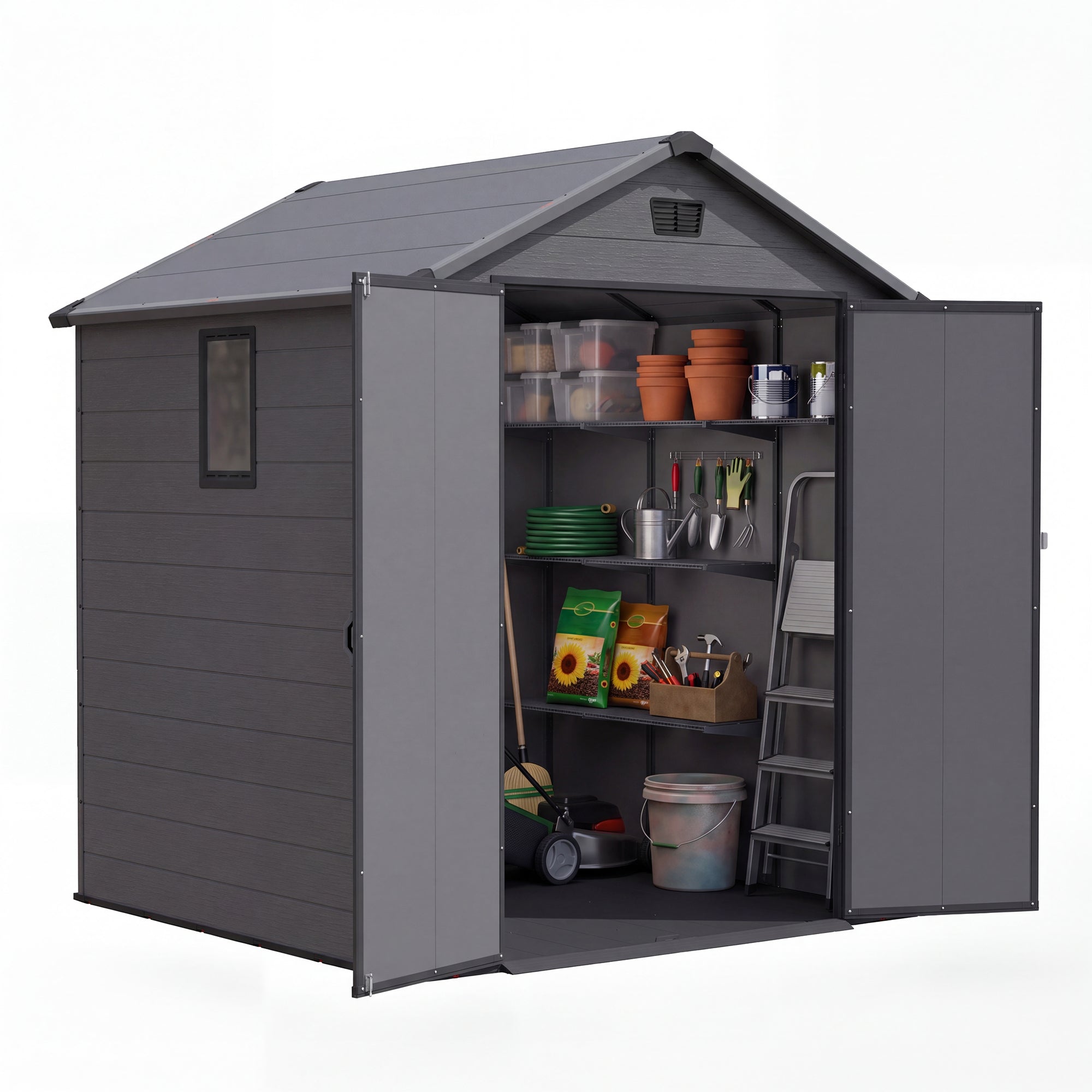 Patiowell 6x6 Plastic Shed with Window, Vent & Sloped Roof, Dark Gray

