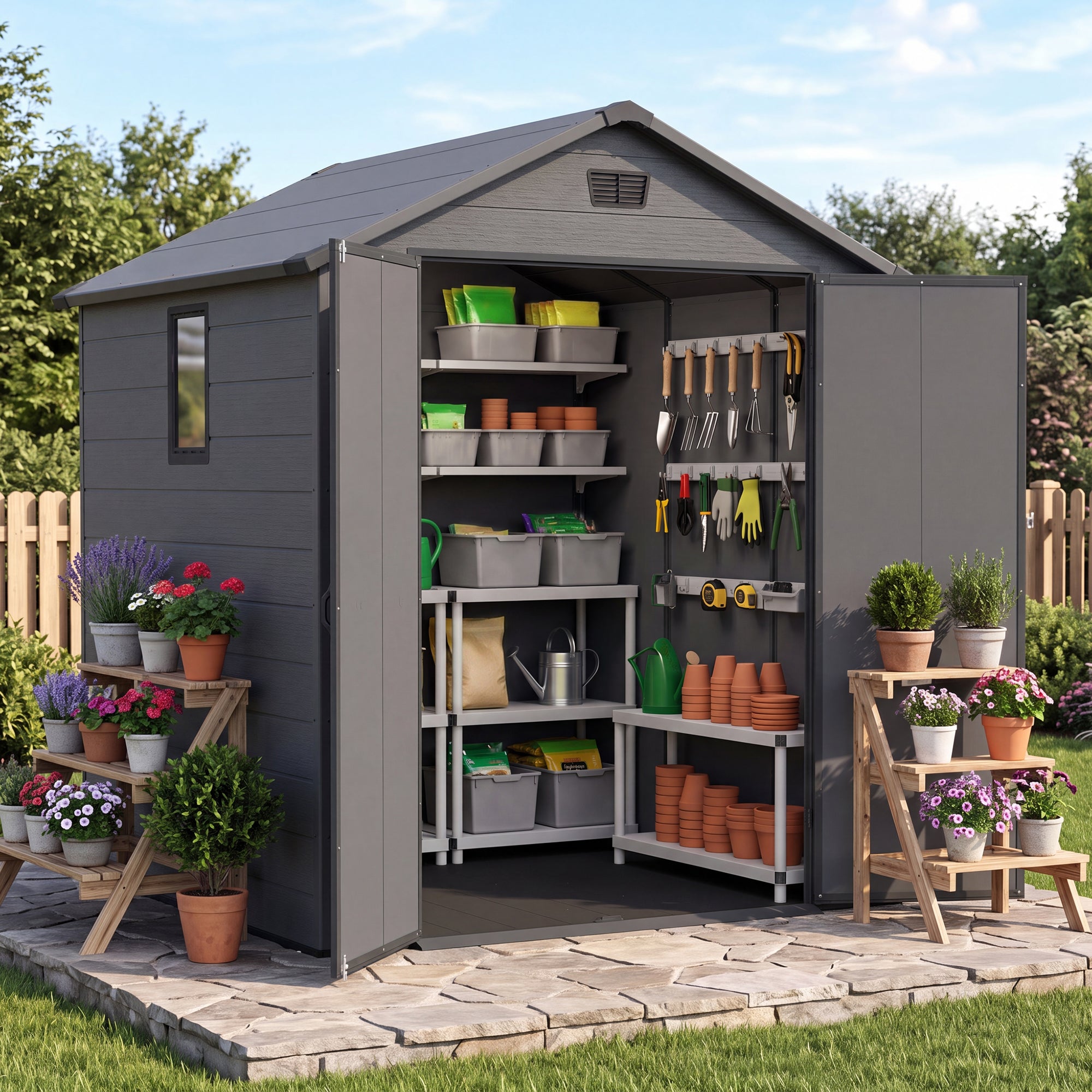 Patiowell 6x6 Plastic Shed with Window, Vent & Sloped Roof, Dark Gray
