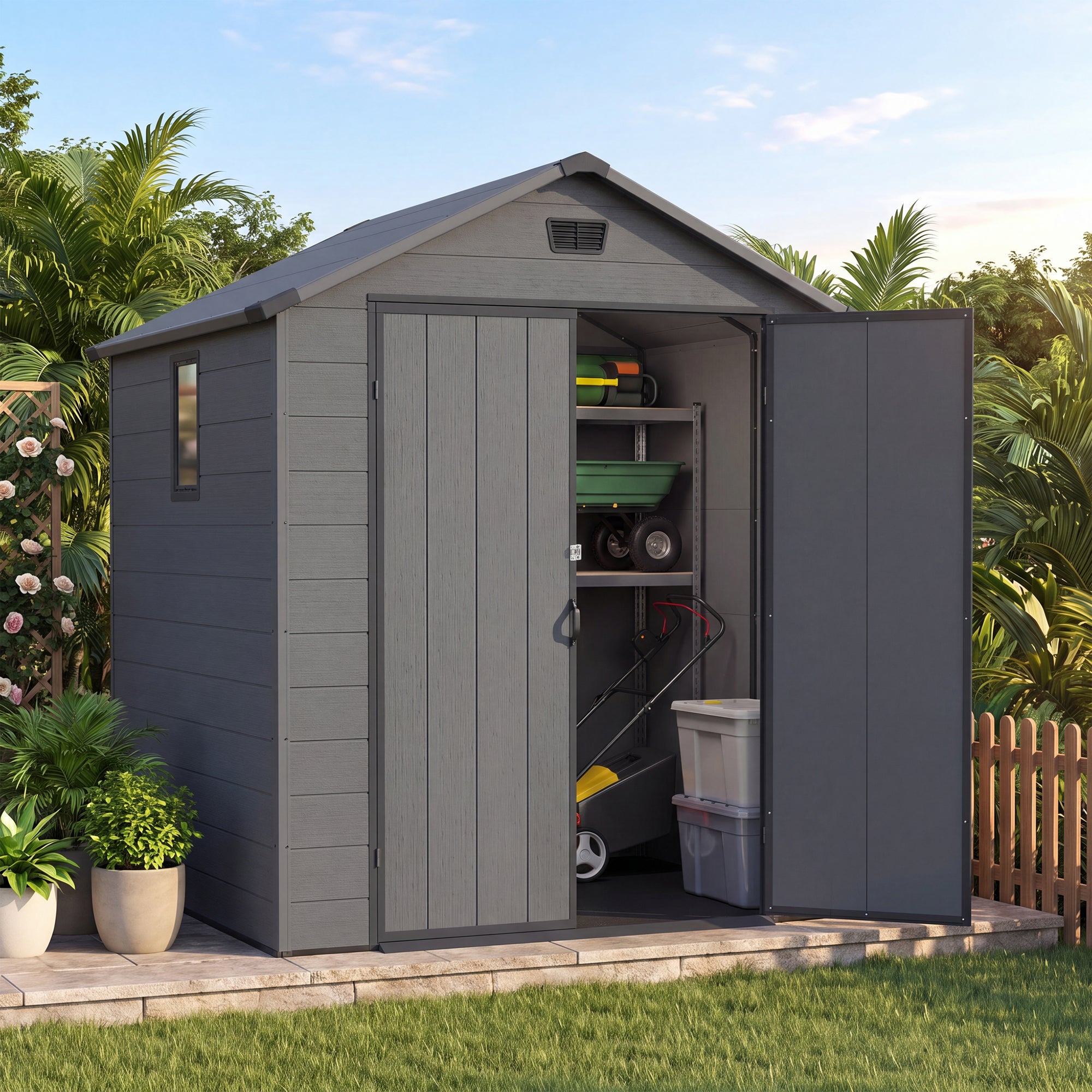 Patiowell 6x6 Plastic Shed with Window, Vent & Sloped Roof, Dark Gray
