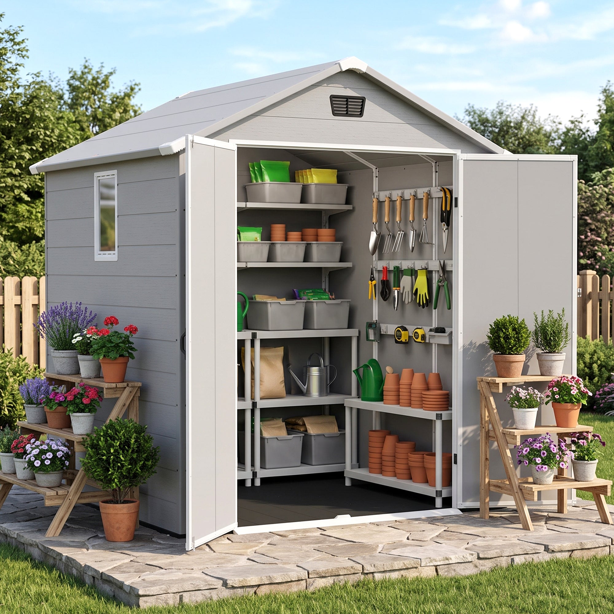Patiowell 6x6 Plastic Shed with Window, Vent & Sloped Roof, Gray
