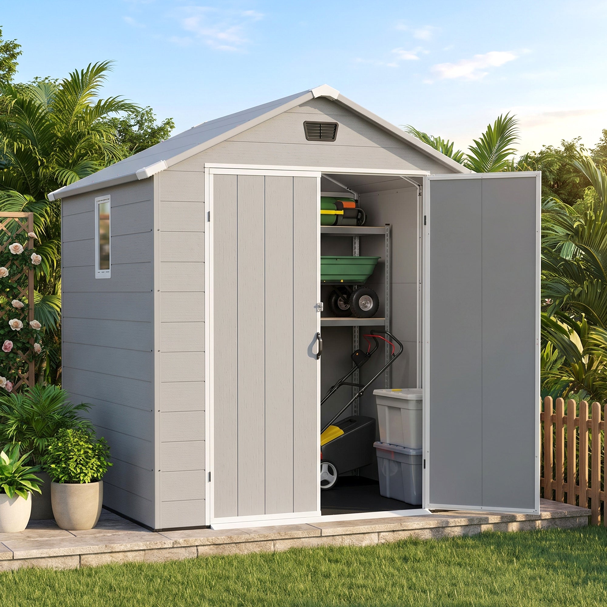 Patiowell 6x6 Plastic Shed with Window, Vent & Sloped Roof, Gray
