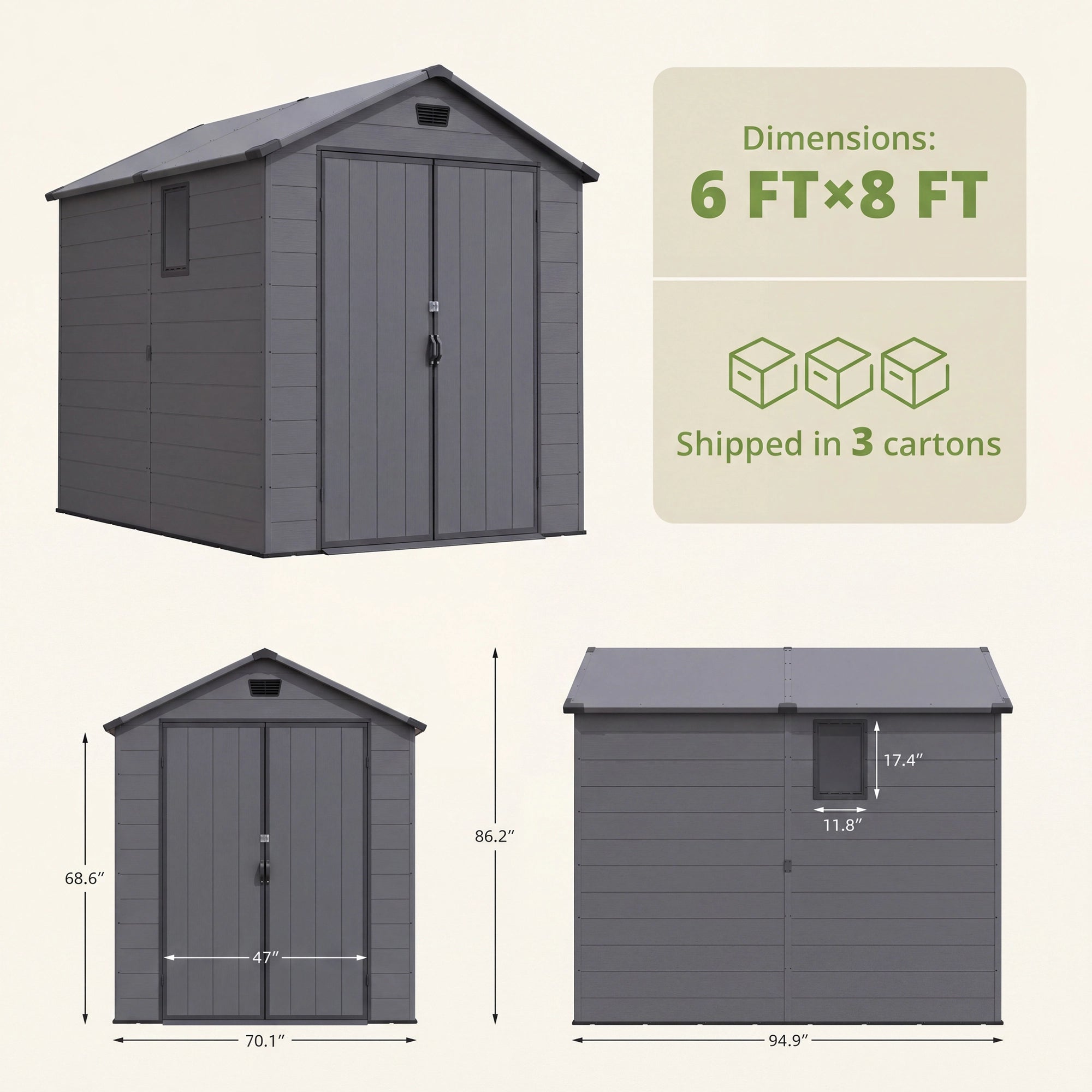 Patiowell 6x8 ft Plastic Shed with Vent, Window & Sloped Roof, Dark Gray
