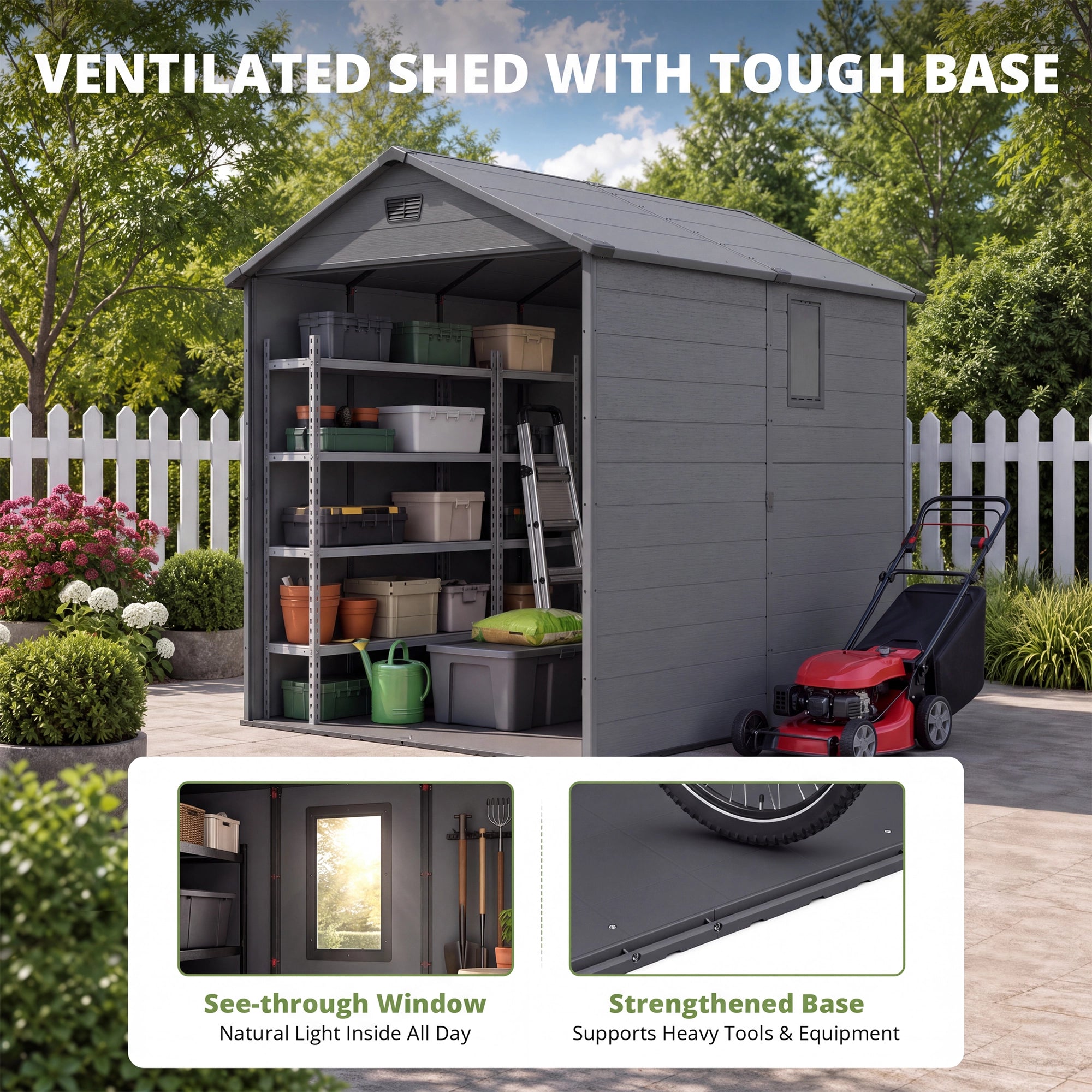 Patiowell 6x8 ft Plastic Shed with Vent, Window & Sloped Roof, Dark Gray