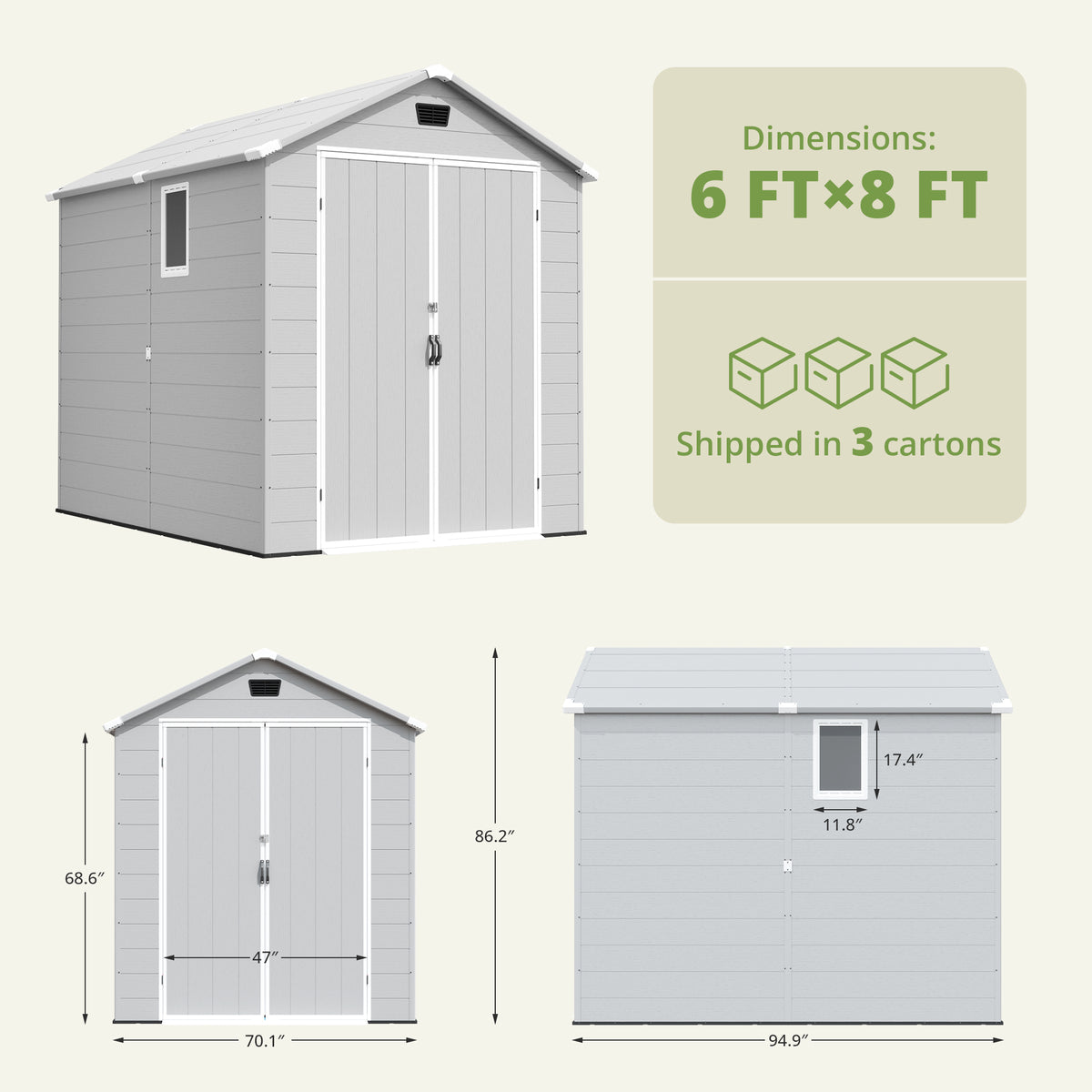 Patiowell 6x8 ft Plastic Shed with Vent, Window & Sloped Roof, Light Gray