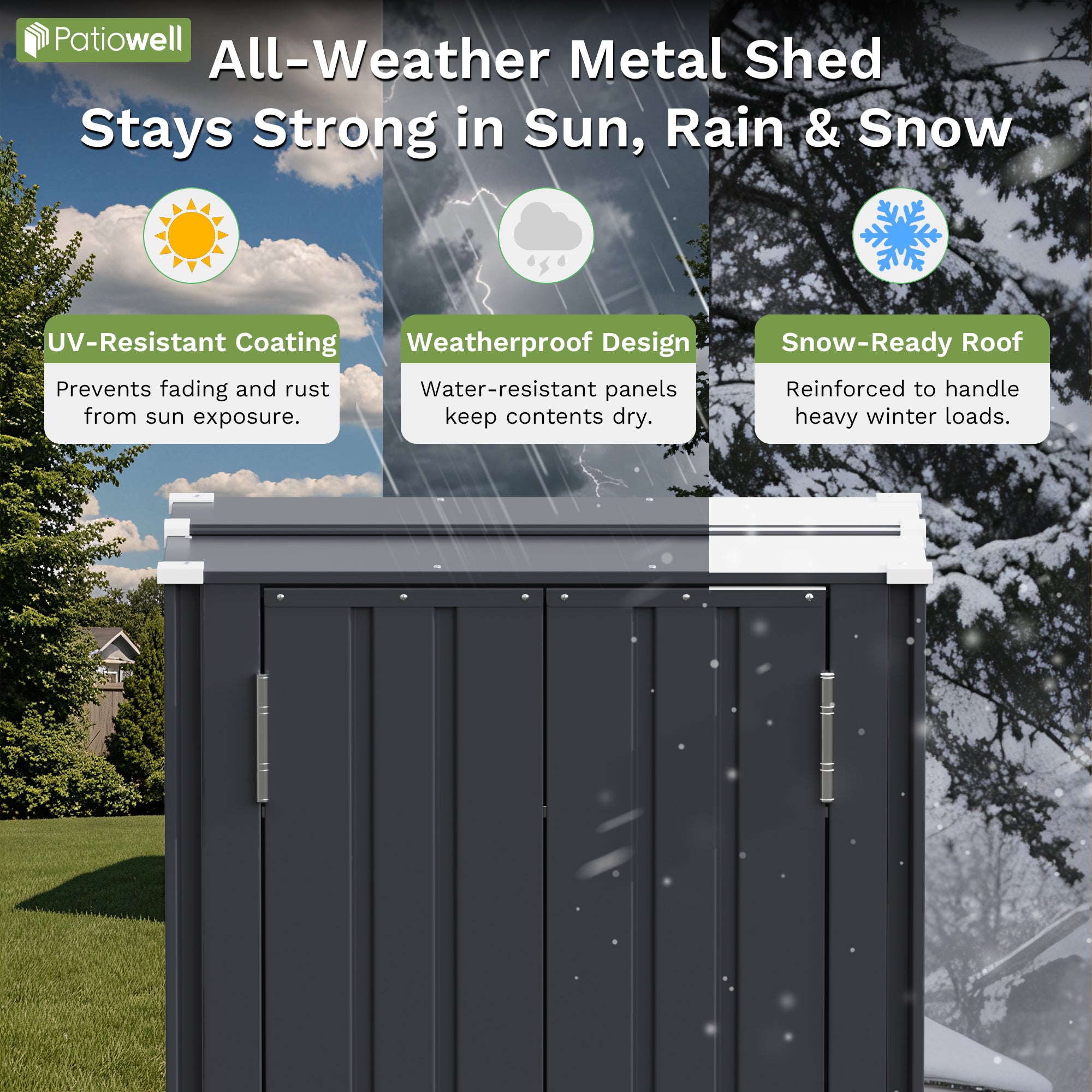 Patiowell, 26cu.ft Tall Black Steel Shed with 3-Tier Shelves - Vertical Organizer Shed for Garden/Tools
