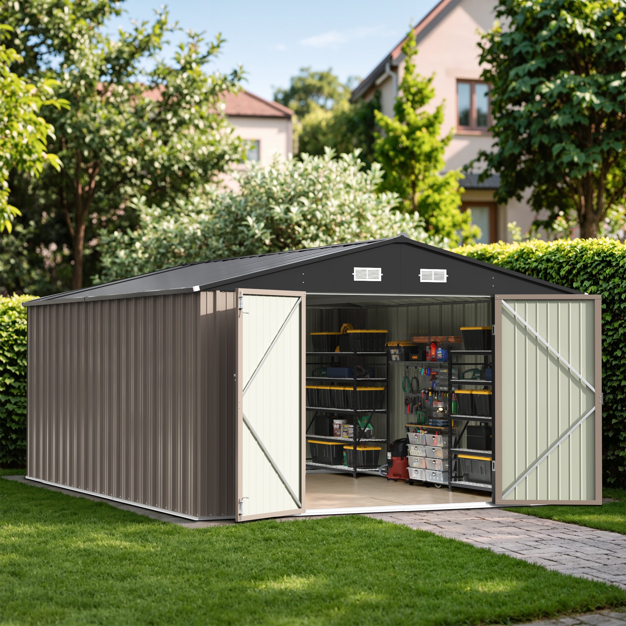 10x14 FT Large Metal Garden Shed with Lockable Door and Sloping Roof