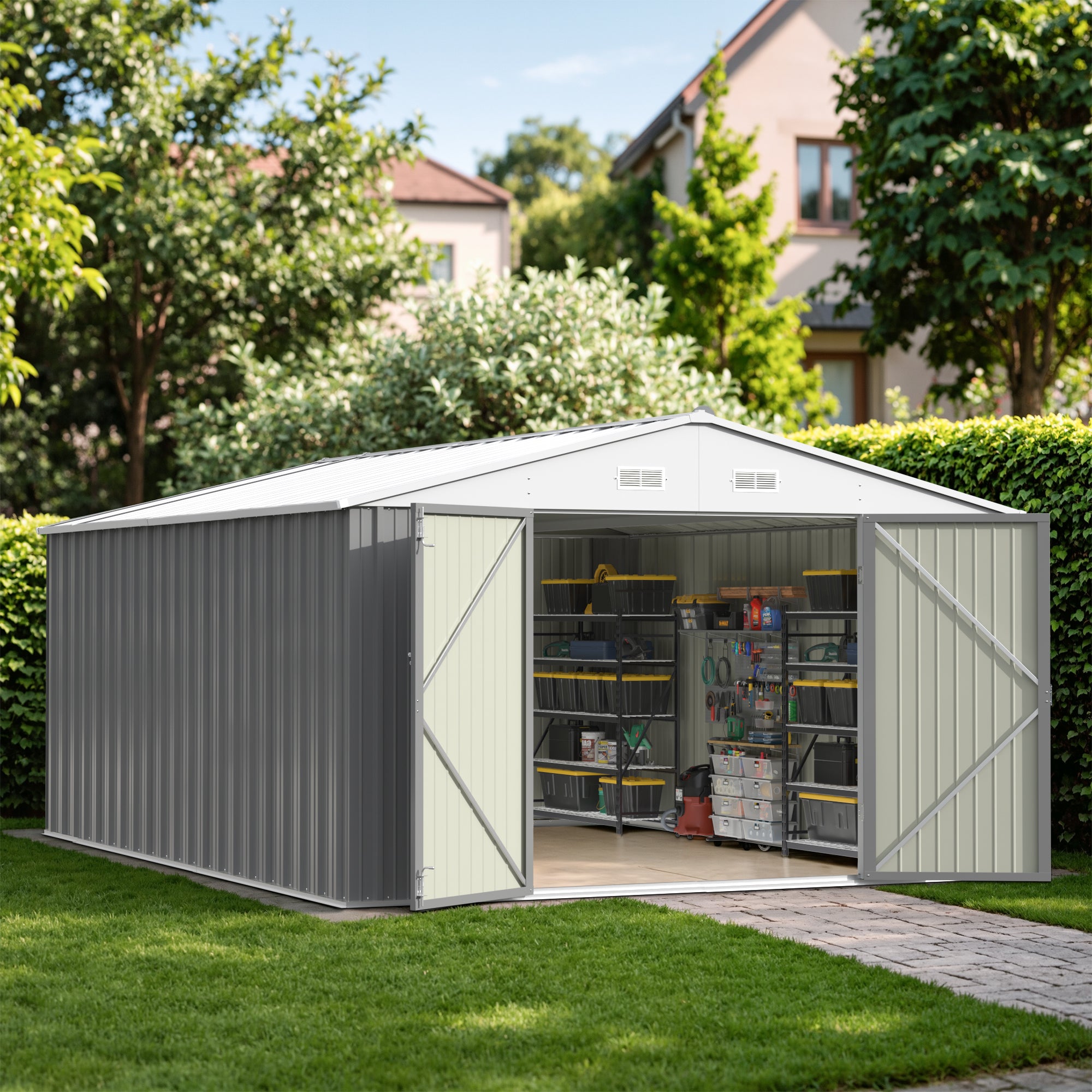 10x14 FT Large Metal Garden Shed with Lockable Door and Sloping Roof
