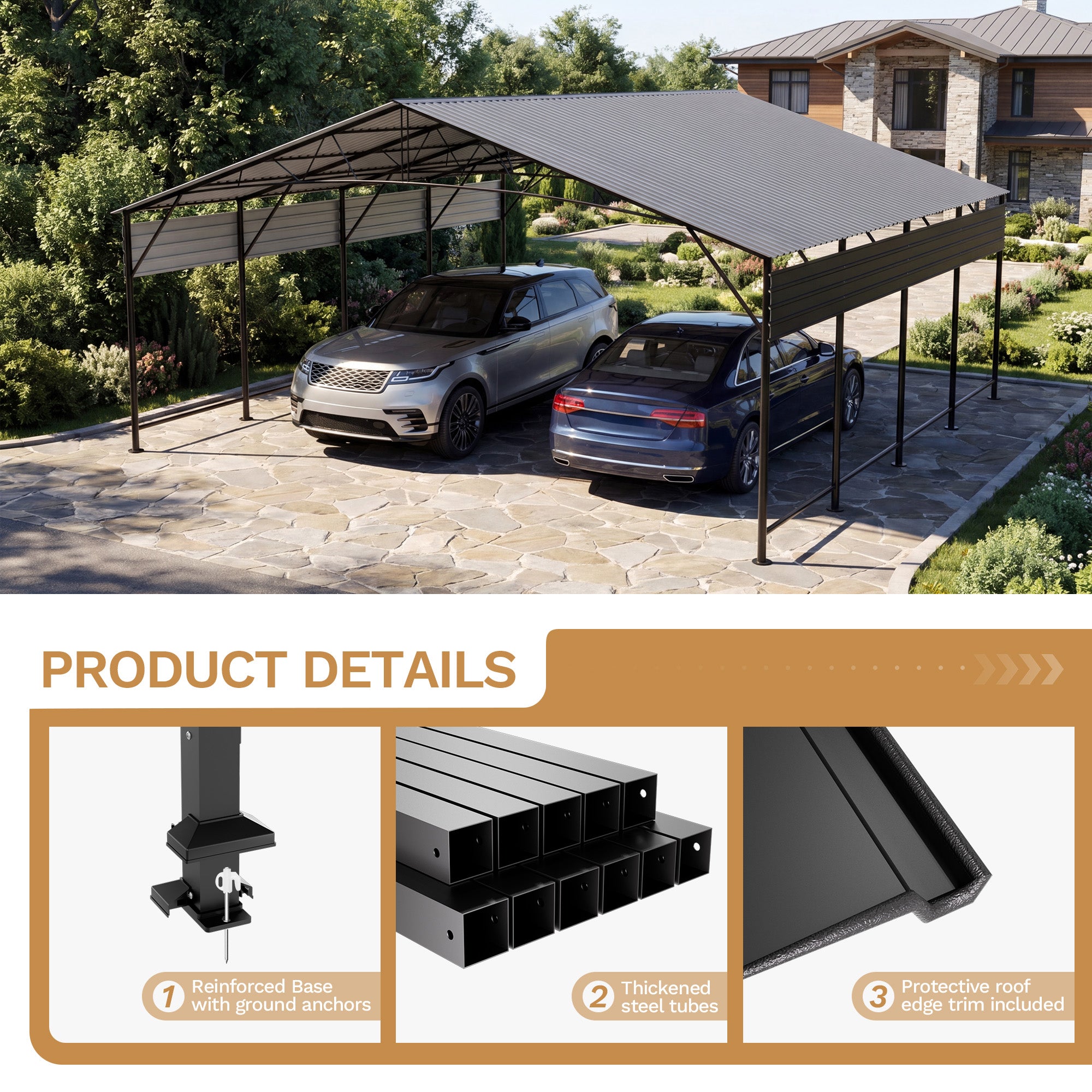 Patiowell 20x20 ft Outdoor Metal Carport, Black