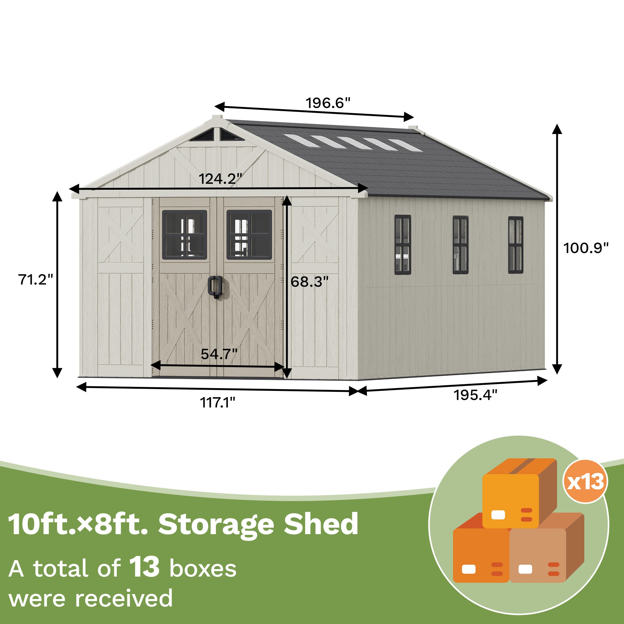 Patiowell 10x16ft Kick-it Plastic Storage Shed with Skylight & Windows
