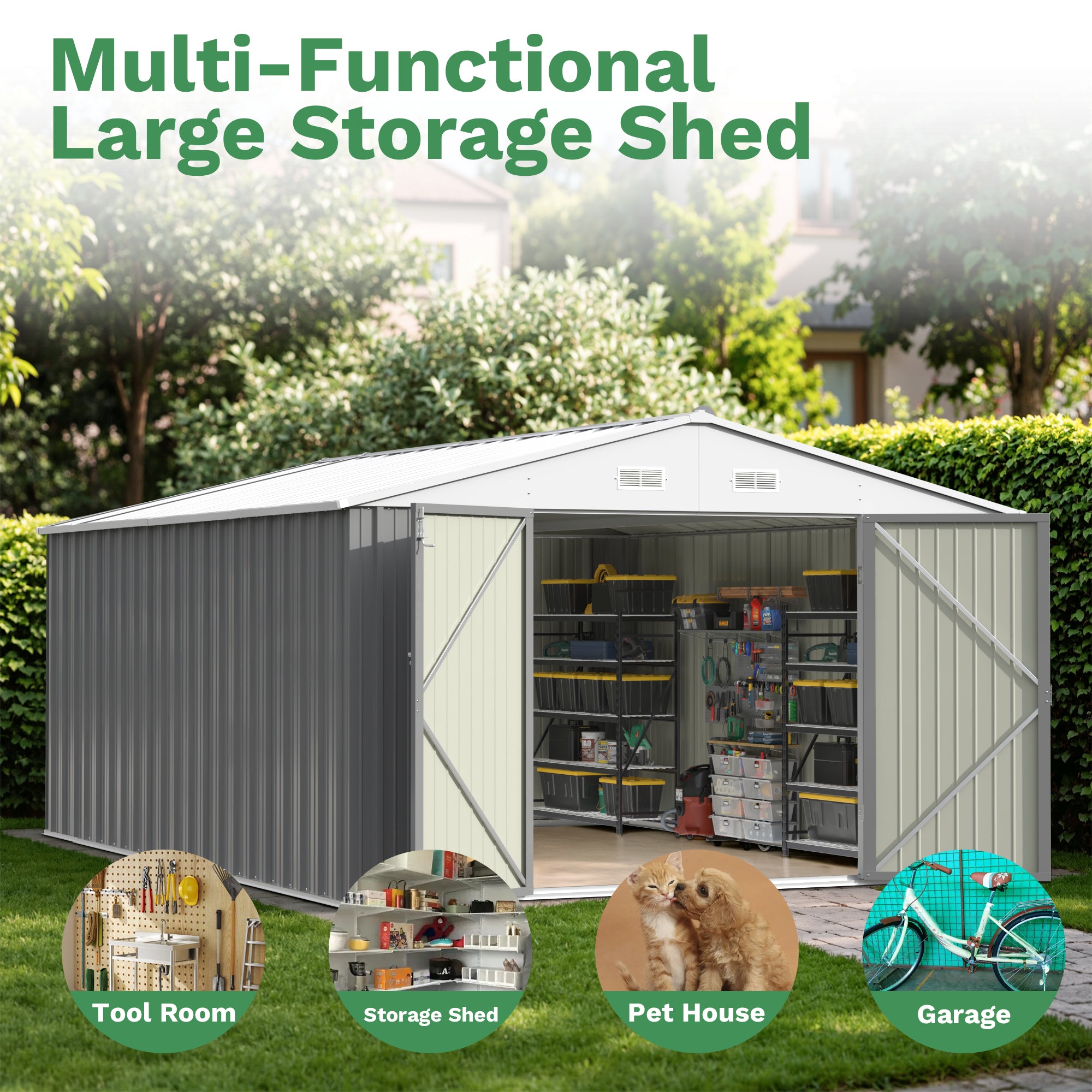 10x14 FT Large Metal Garden Shed with Lockable Door and Sloping Roof