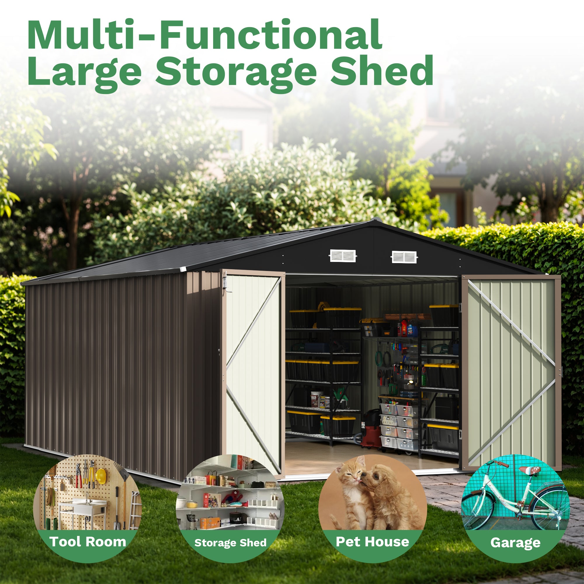 10x14 FT Large Metal Garden Shed with Lockable Door and Sloping Roof