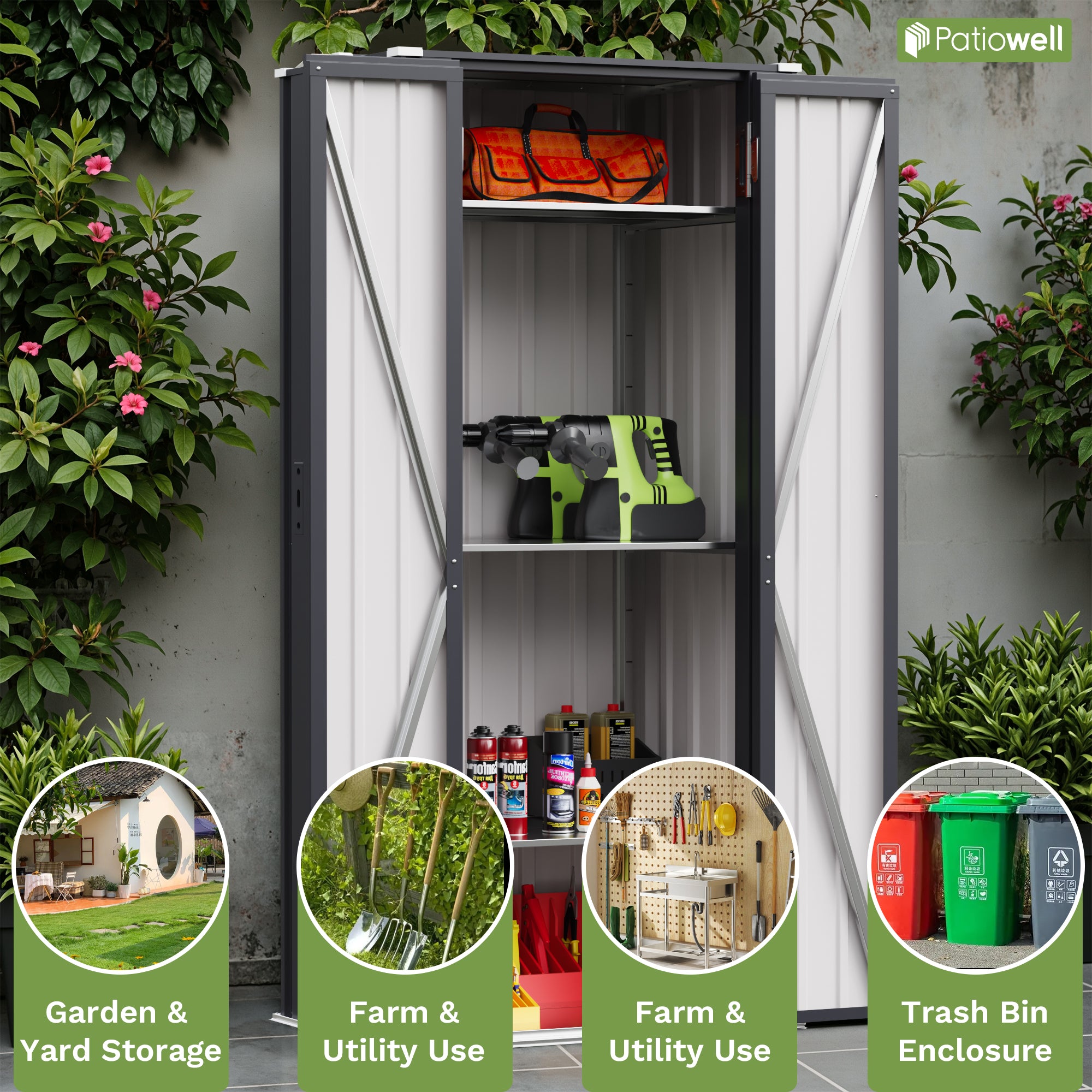 Patiowell, 26cu.ft Tall Black Steel Shed with 3-Tier Shelves - Vertical Organizer Shed for Garden/Tools