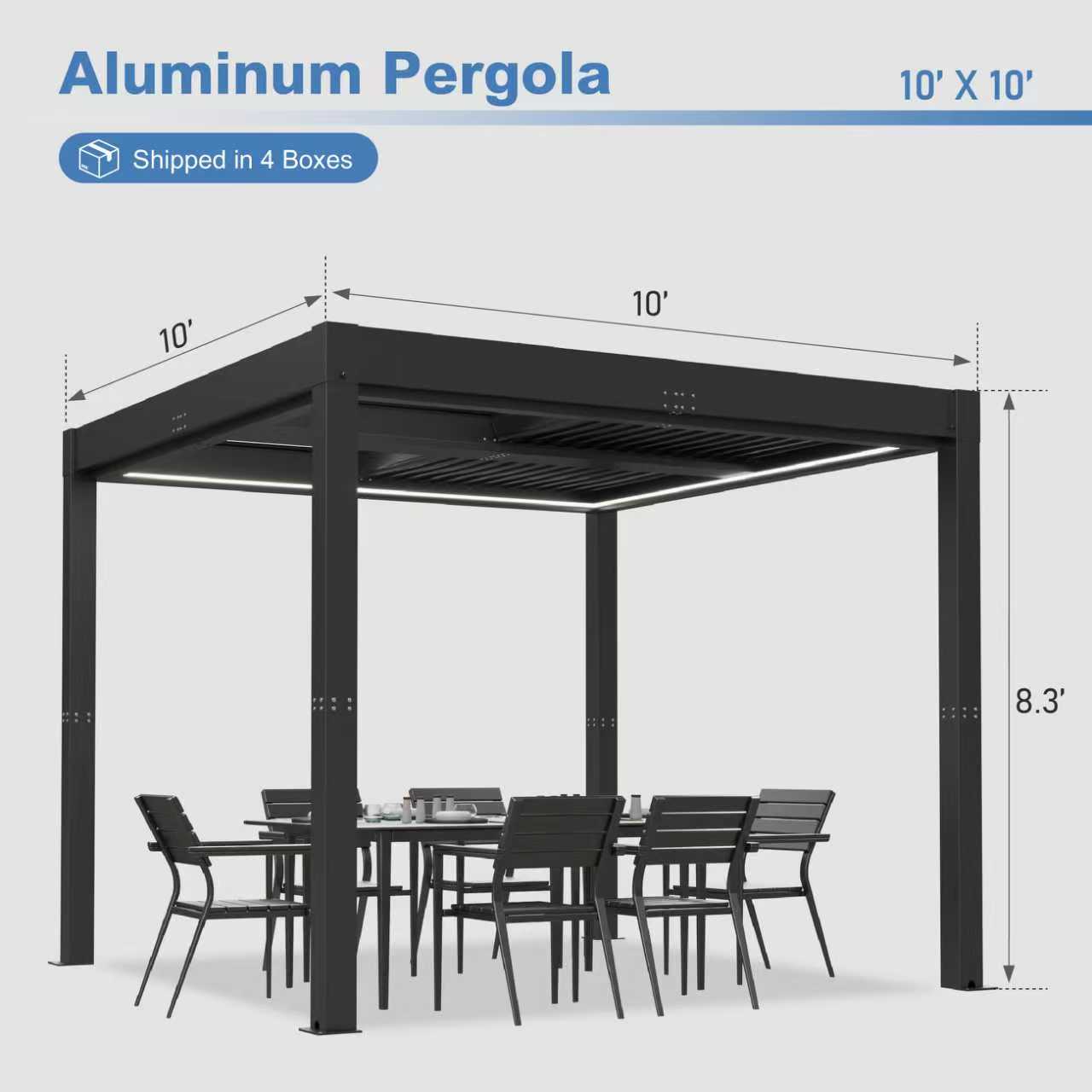 patiowell-10x10-ft-louvered-pergola-electric-outdoor-aluminum-pergola-with-led-lights-gray
size:10x10