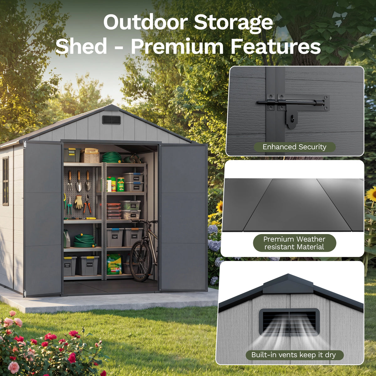 Patiowell 8x10 Plastic Storage Shed with Window and Lockable Door, Gray