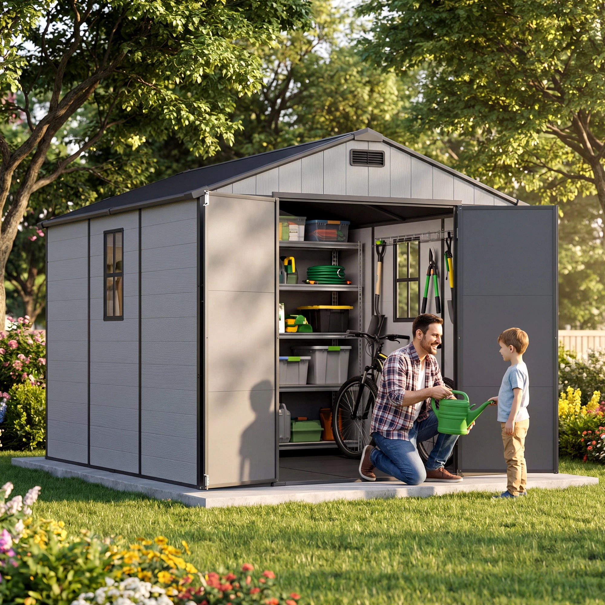Patiowell 8x10 Plastic Storage Shed with Window and Lockable Door, Gray