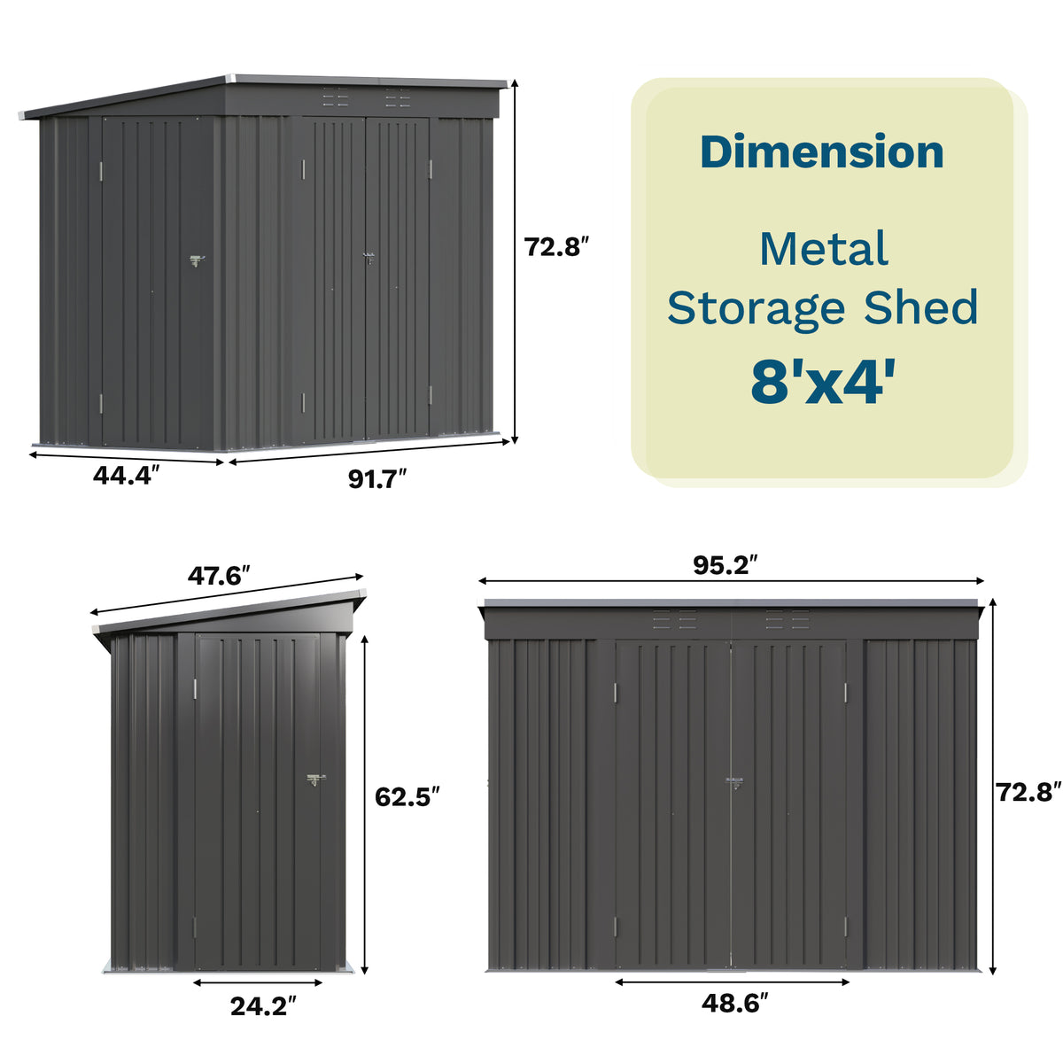 Patiowell 8x4ft Metal Shed with 3 Lockable Doors, Black