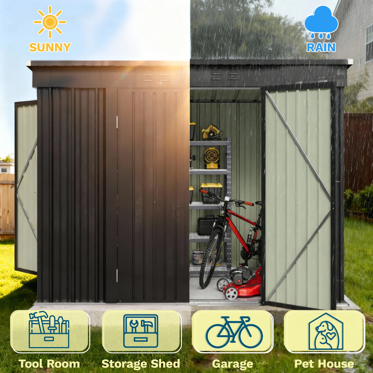 Patiowell 8x4ft Metal Shed with 3 Lockable Doors, Black