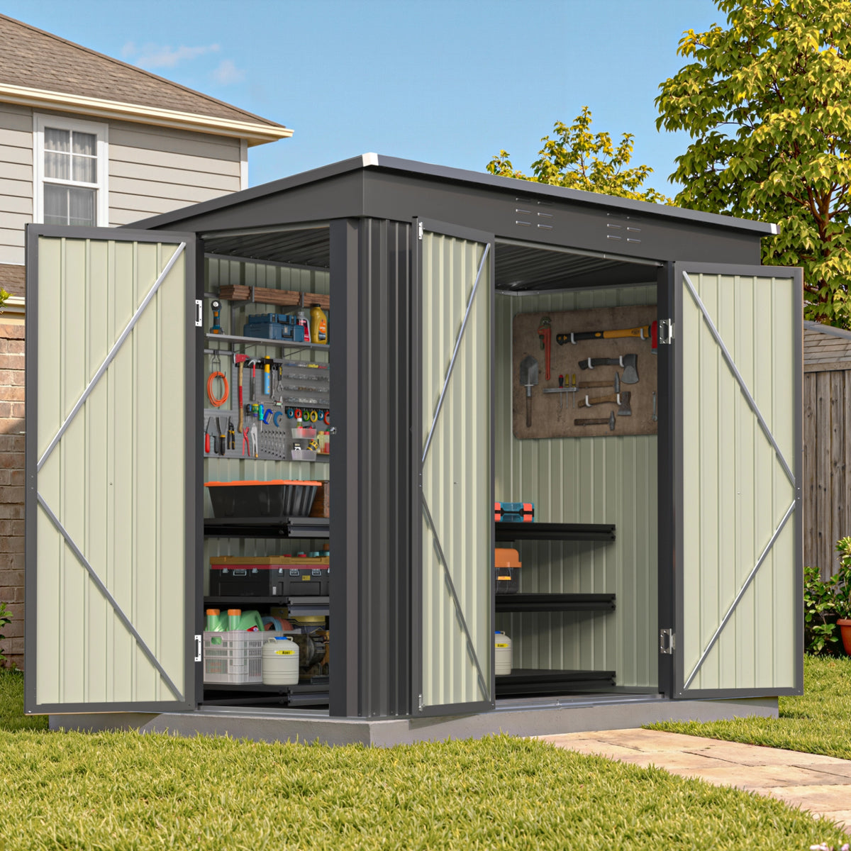 Patiowell 8x4ft Metal Shed with 3 Lockable Doors, Black