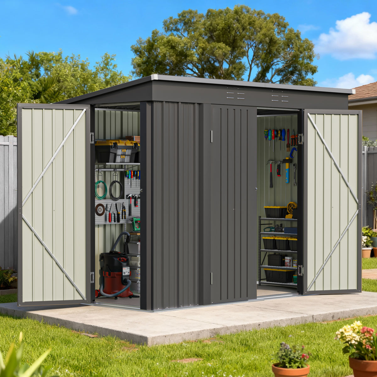 Patiowell 8x4ft Metal Shed with 3 Lockable Doors, Black