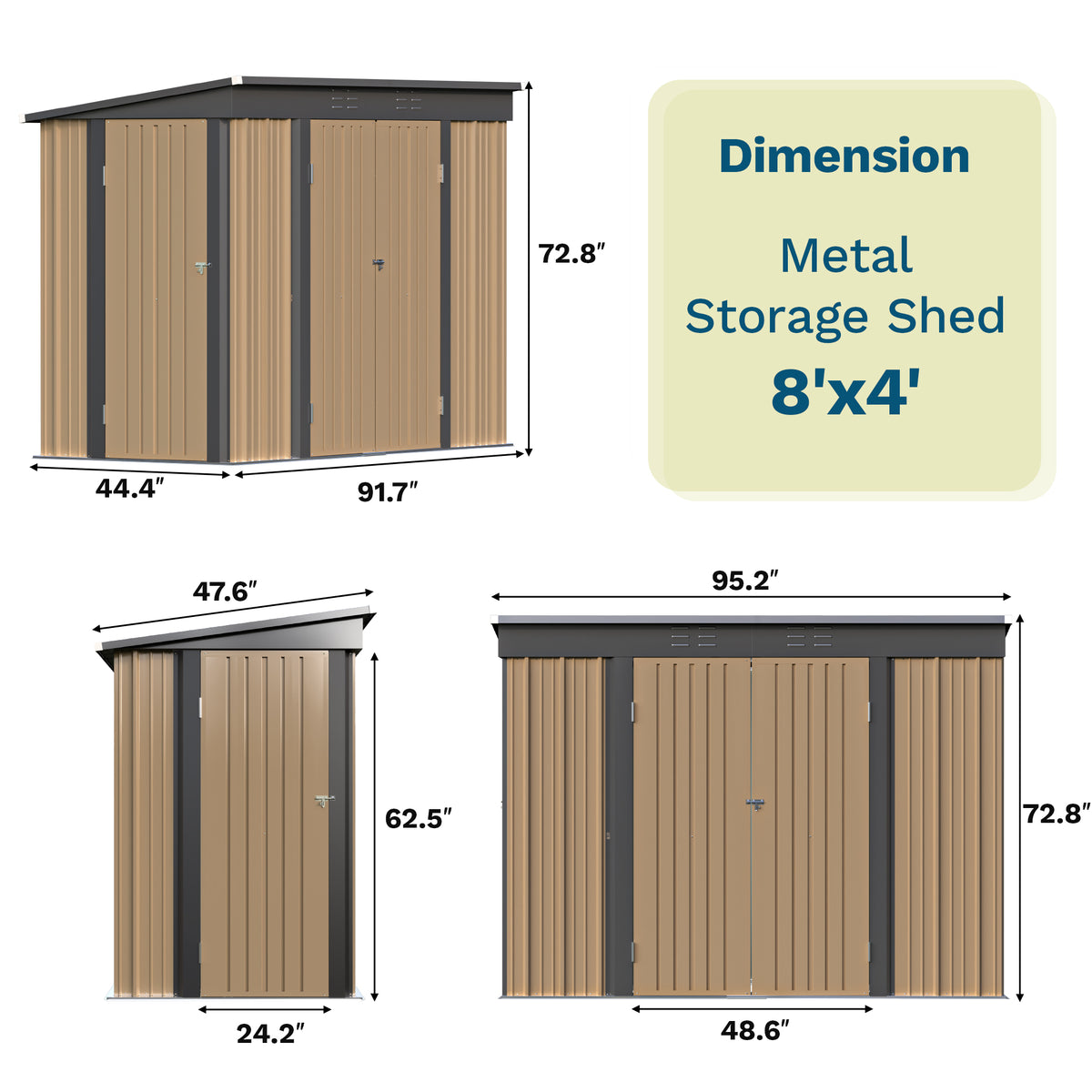 Patiowell 8x4ft Metal Shed with 3 Lockable Doors, Brown