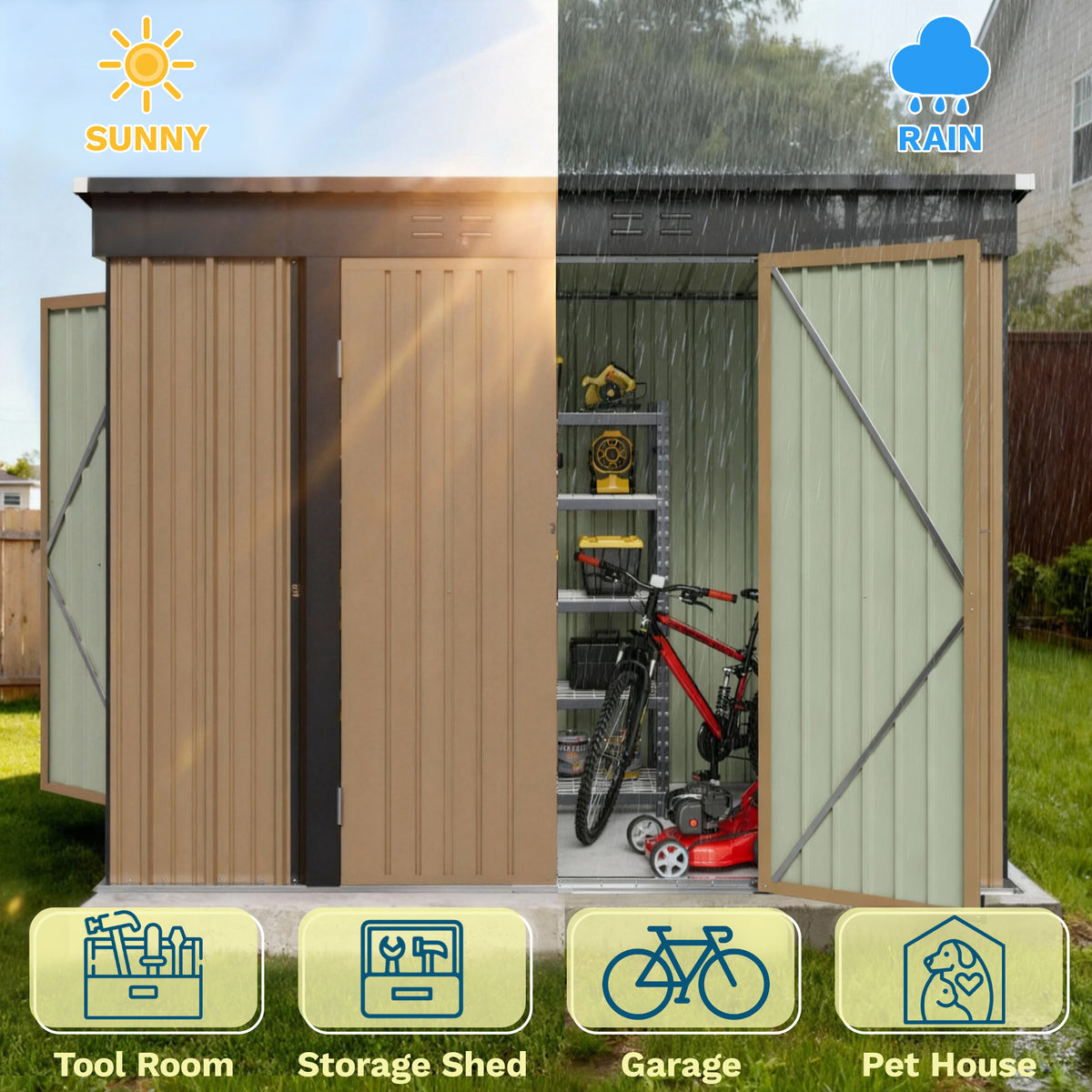 Patiowell 8x4ft Metal Shed with 3 Lockable Doors, Brown