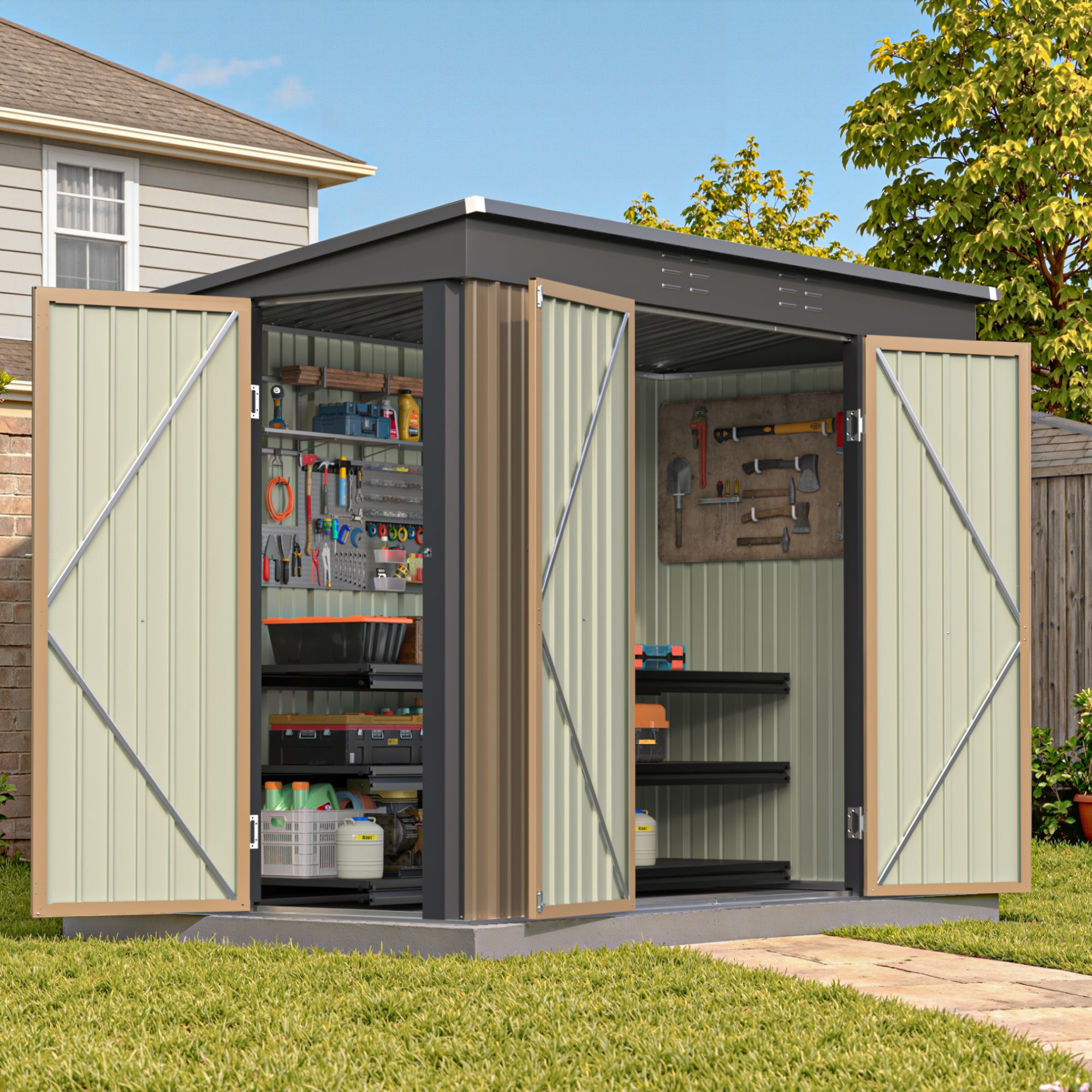Patiowell 8x4ft Metal Shed with 3 Lockable Doors, Brown