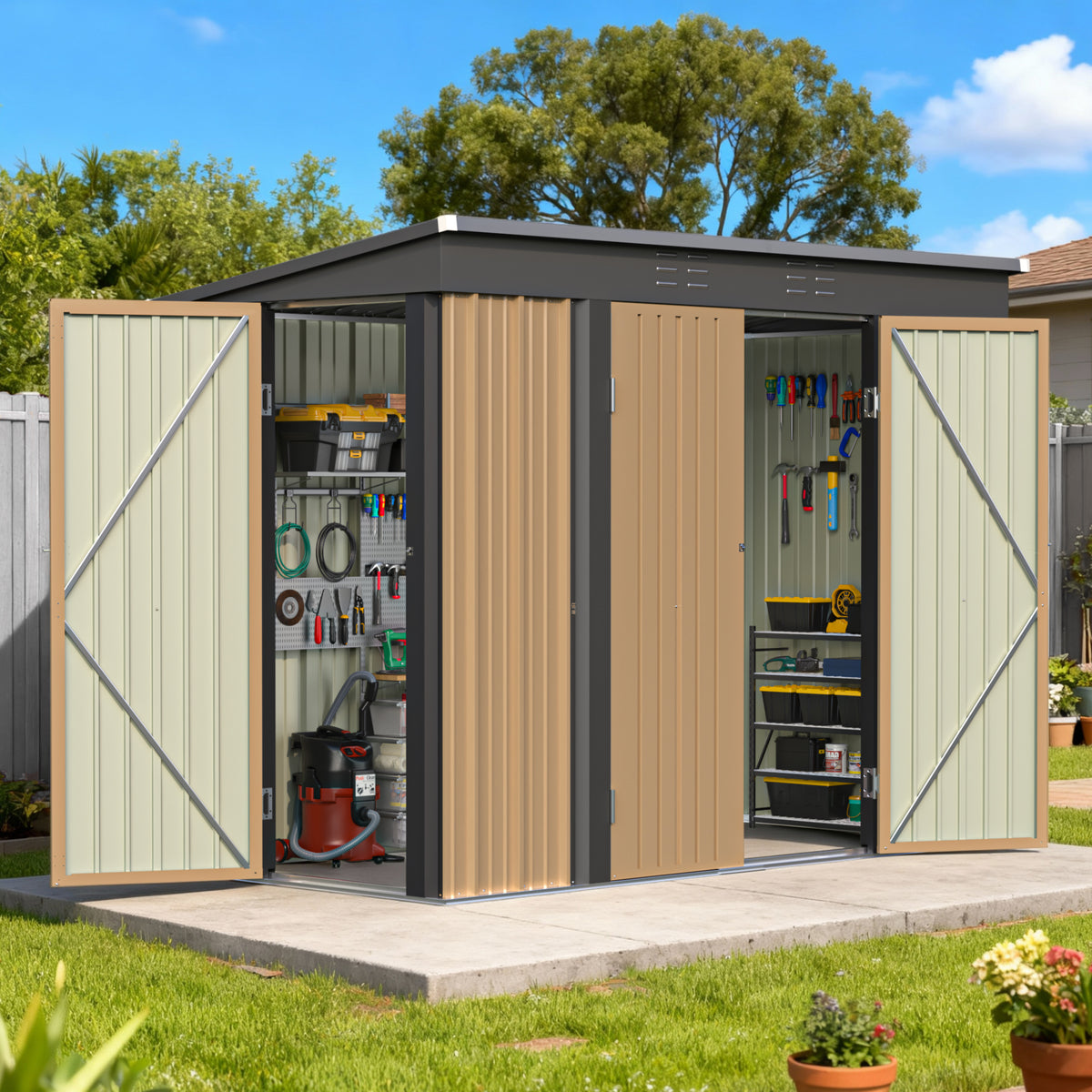 Patiowell 8x4ft Metal Shed with 3 Lockable Doors, Brown