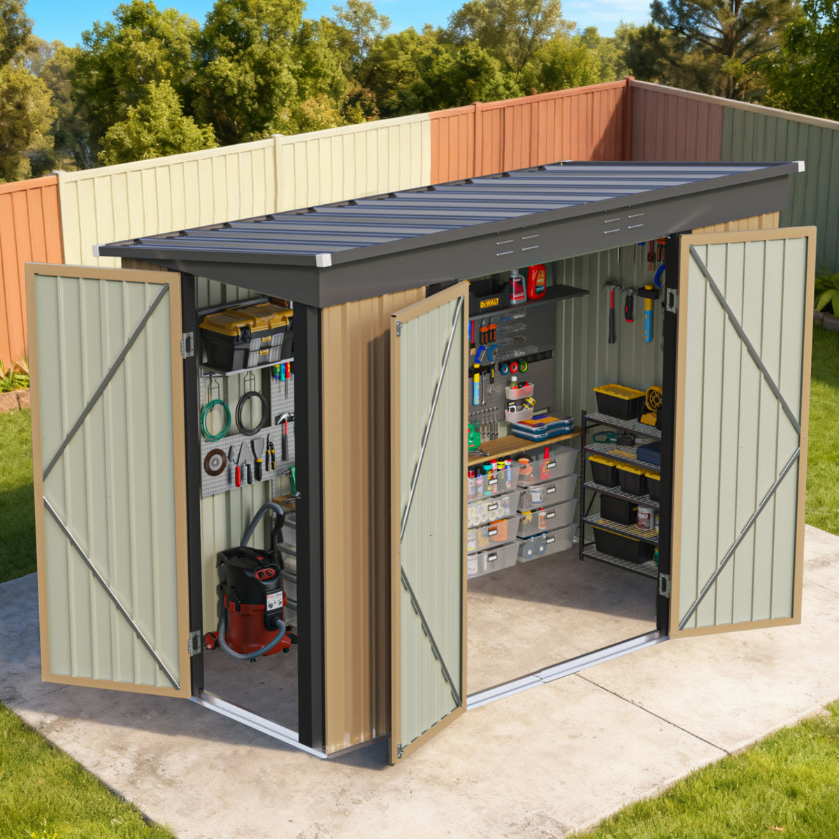 Patiowell 8x4ft Metal Shed with 3 Lockable Doors, Brown