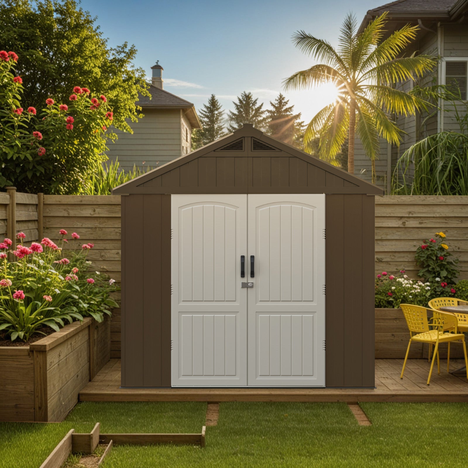 Kick-it 8x6 Plastic Storage Shed with Floor, Brown