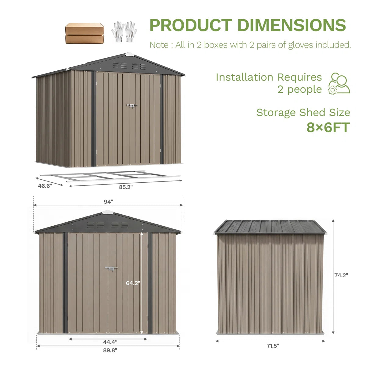 Patiowell 8x6 Metal Shed with Floor Frame, Brown