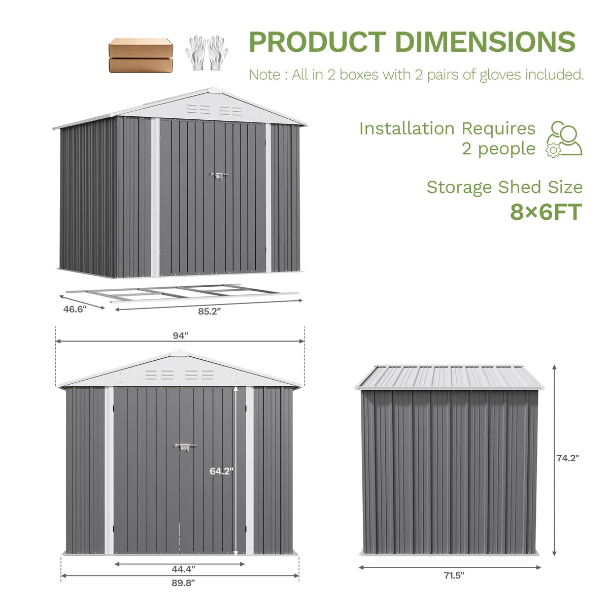 Patiowell 8x6 Metal Shed with Floor Frame, Gray