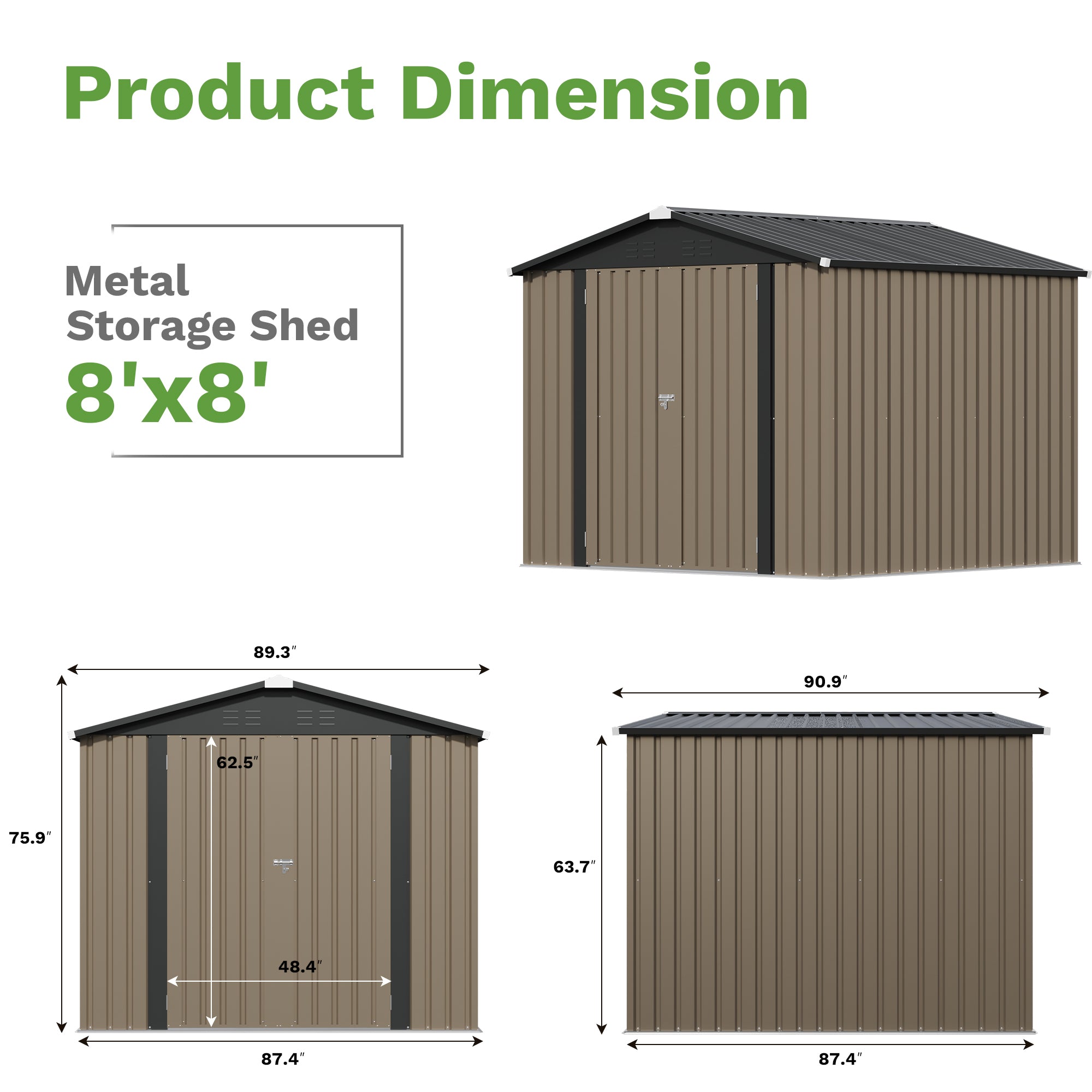 Patiowell 8x8ft Metal Shed with Lockable Doors, Brown