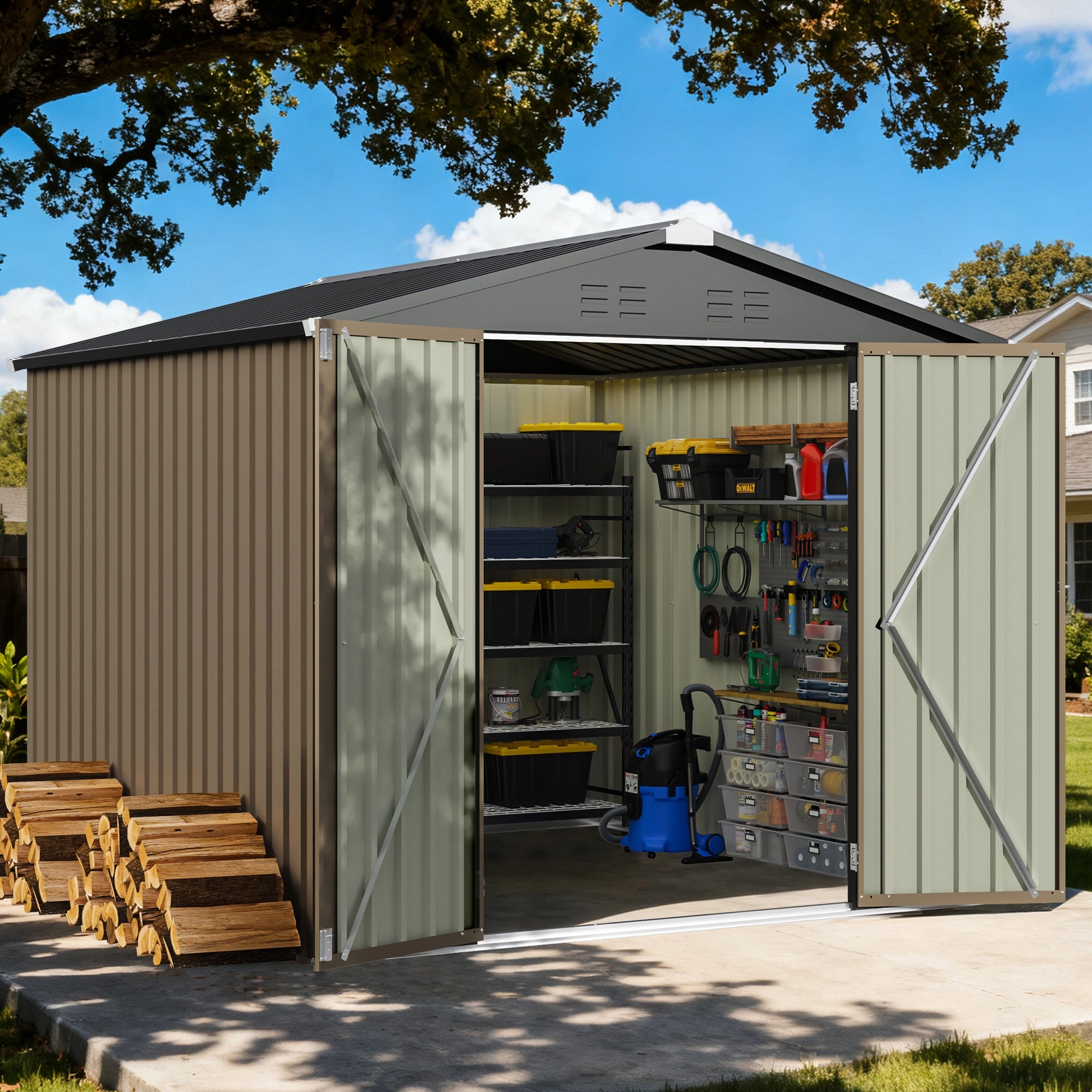 Patiowell 8x8ft Metal Shed with Lockable Doors, Brown