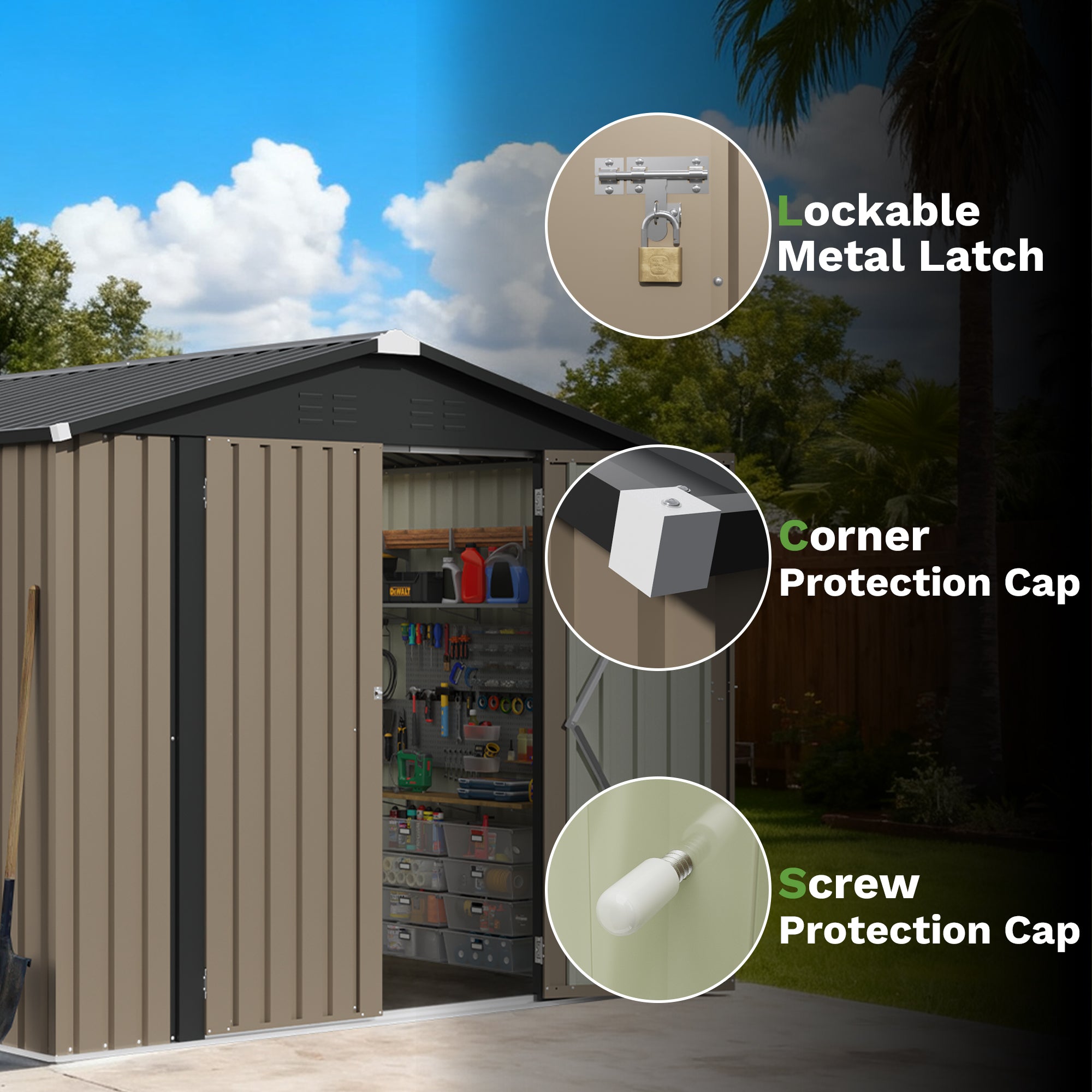 Patiowell 8x8ft Metal Shed with Lockable Doors, Brown