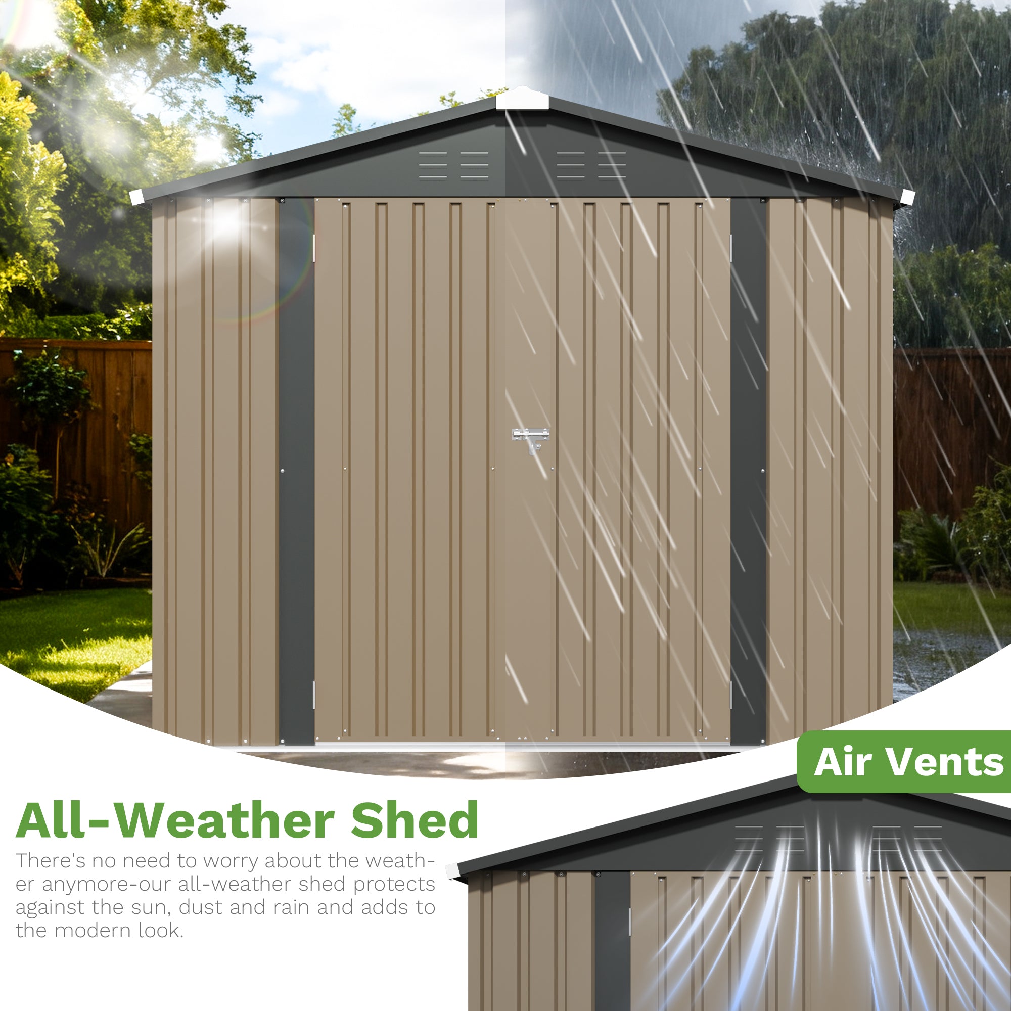 Patiowell 8x8ft Metal Shed with Lockable Doors, Brown