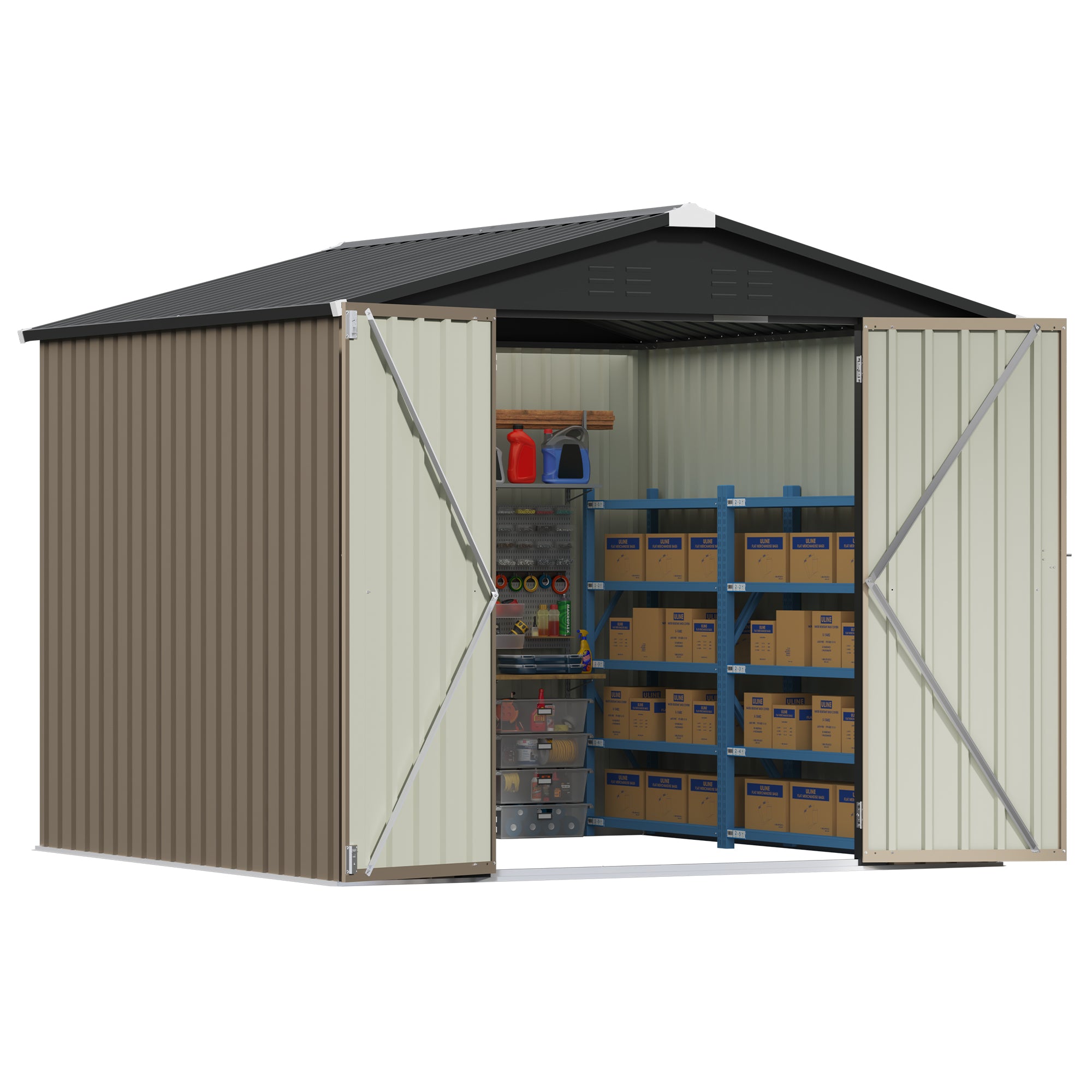 Patiowell 8x8ft Metal Shed with Lockable Doors, Brown