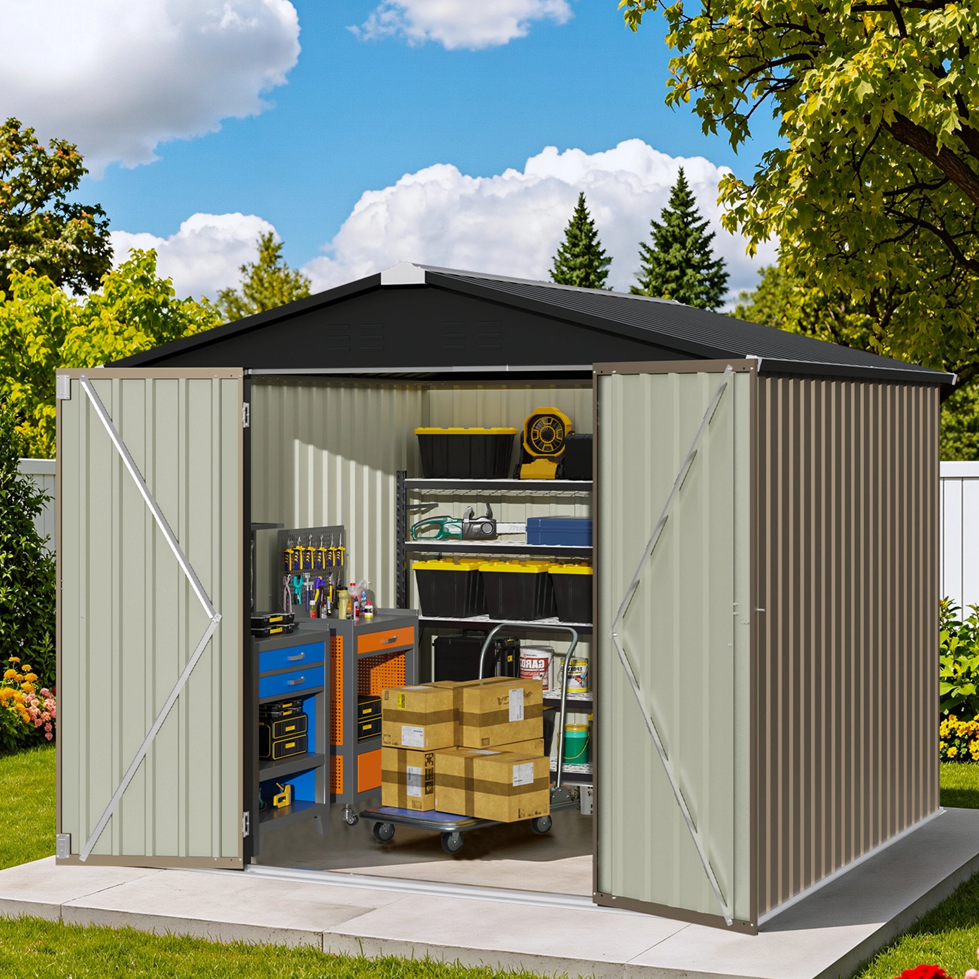 Patiowell 8x8ft Metal Shed with Lockable Doors, Brown