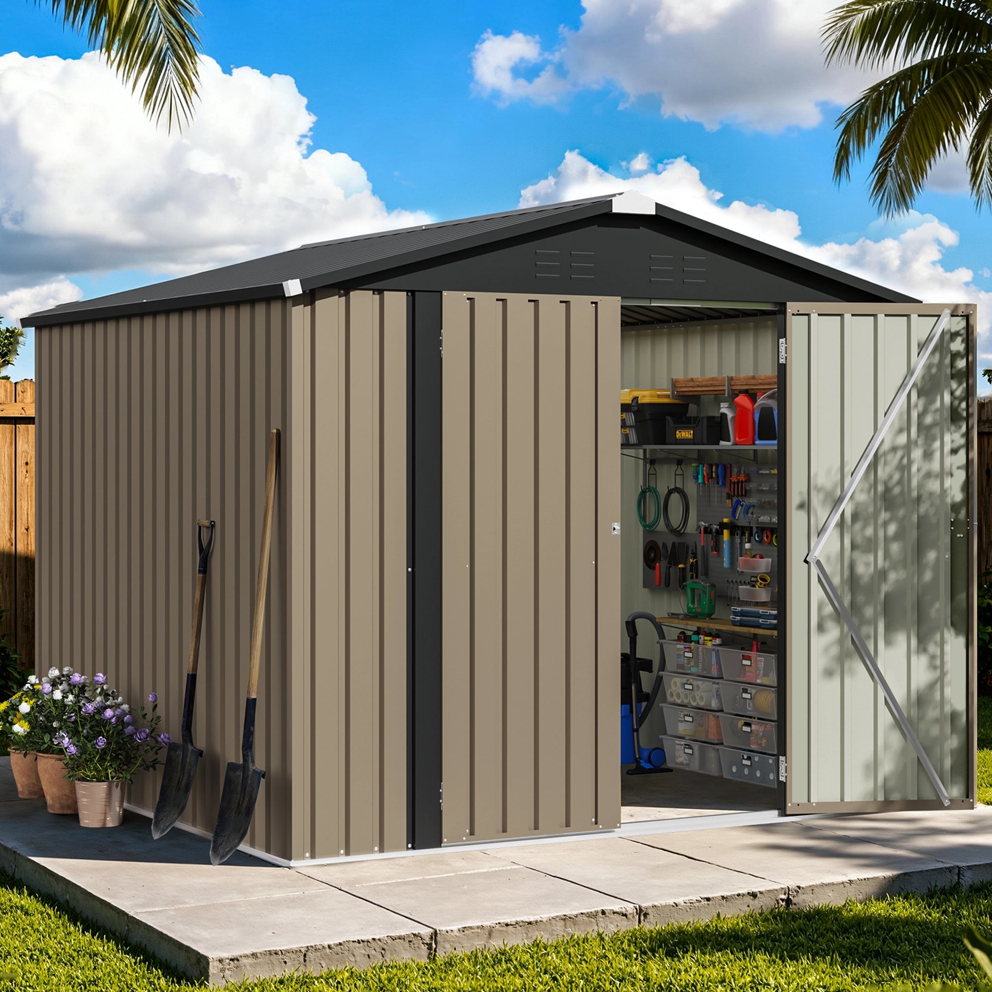 Patiowell 8x8ft Metal Shed with Lockable Doors, Brown