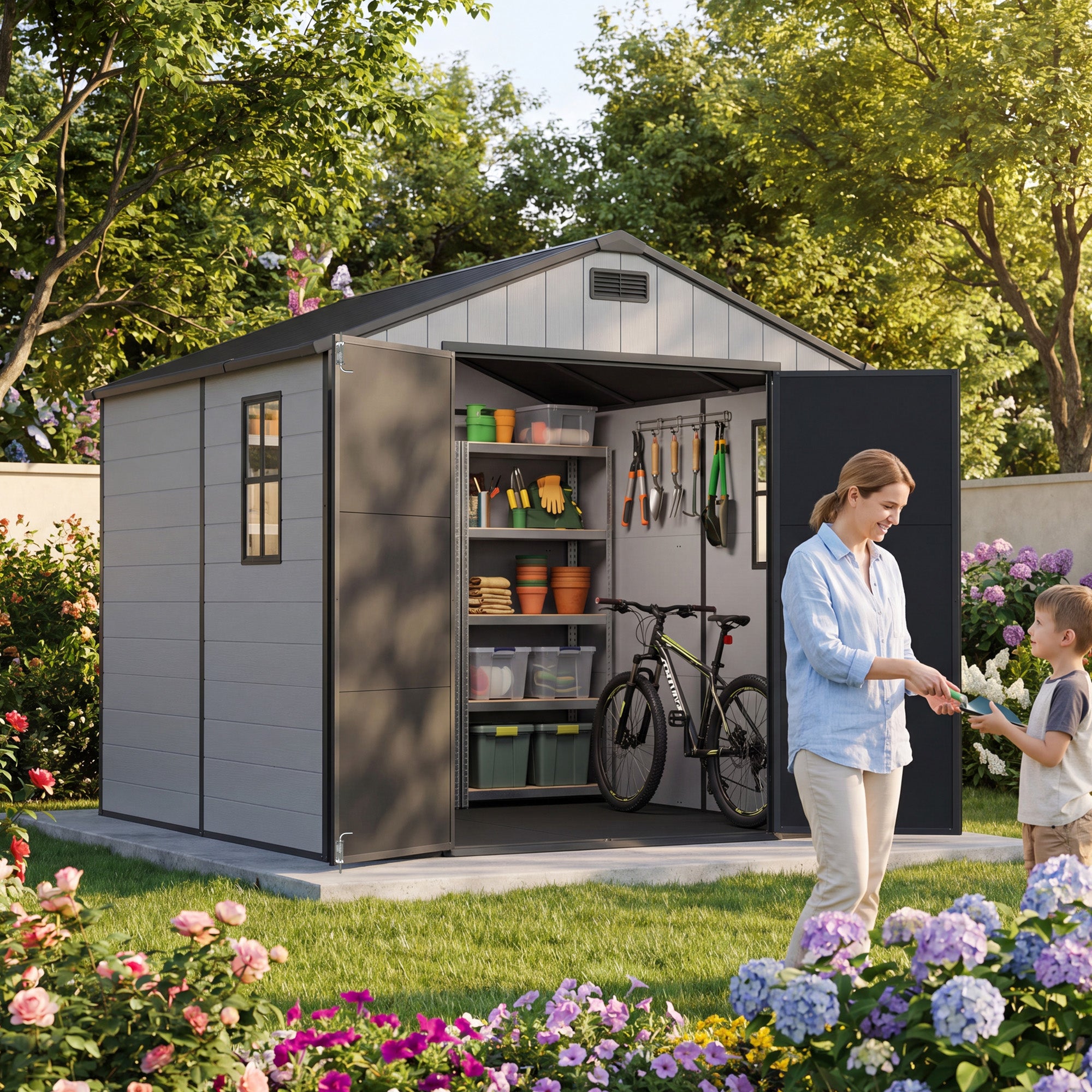 Patiowell 8x8 Plastic Storage Shed with Window and Lockable Door, Gray