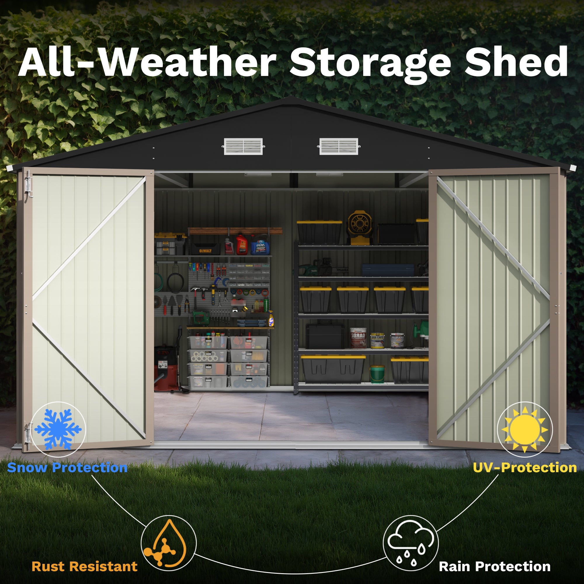 10x14 FT Large Metal Garden Shed with Lockable Door and Sloping Roof