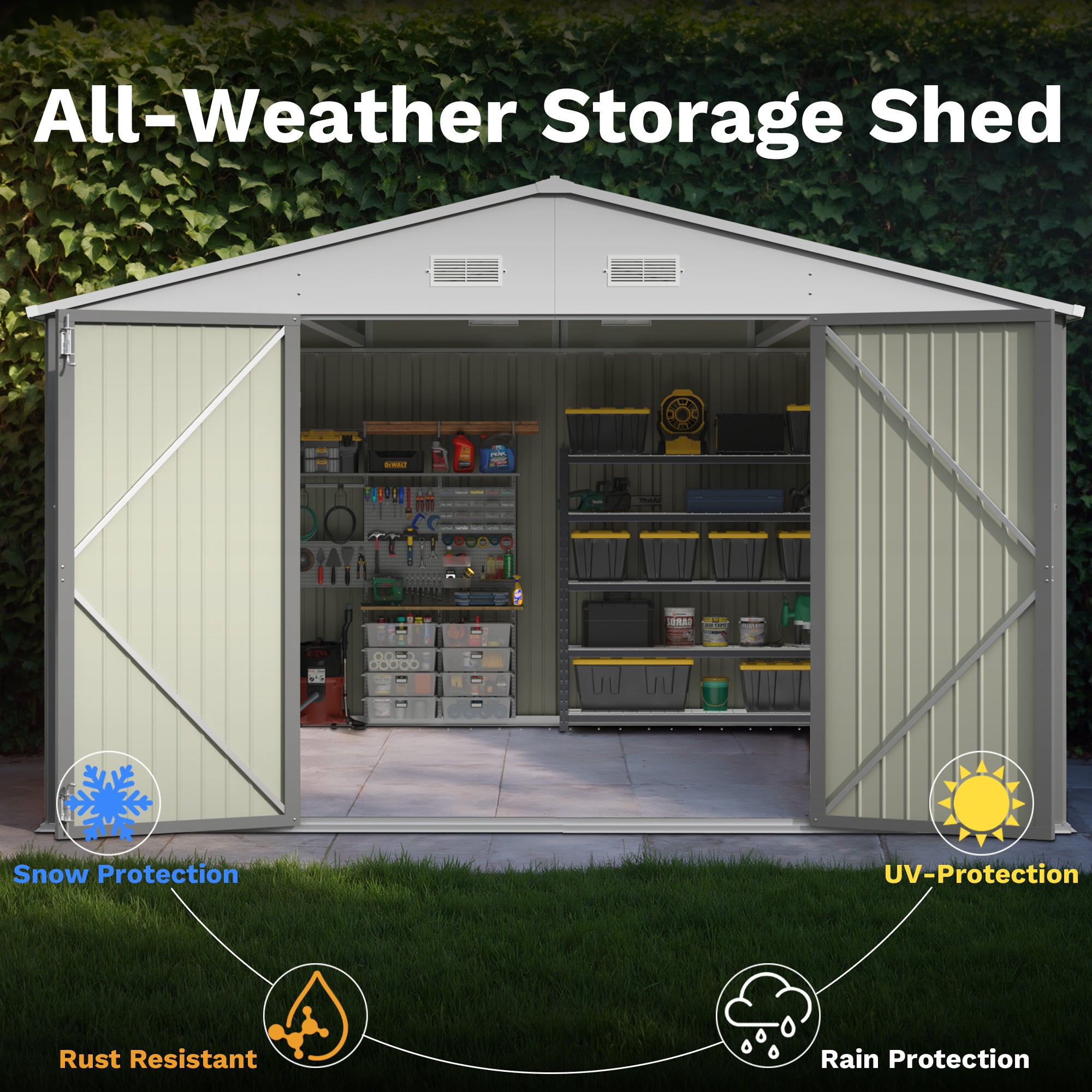 10x14 FT Large Metal Garden Shed with Lockable Door and Sloping Roof