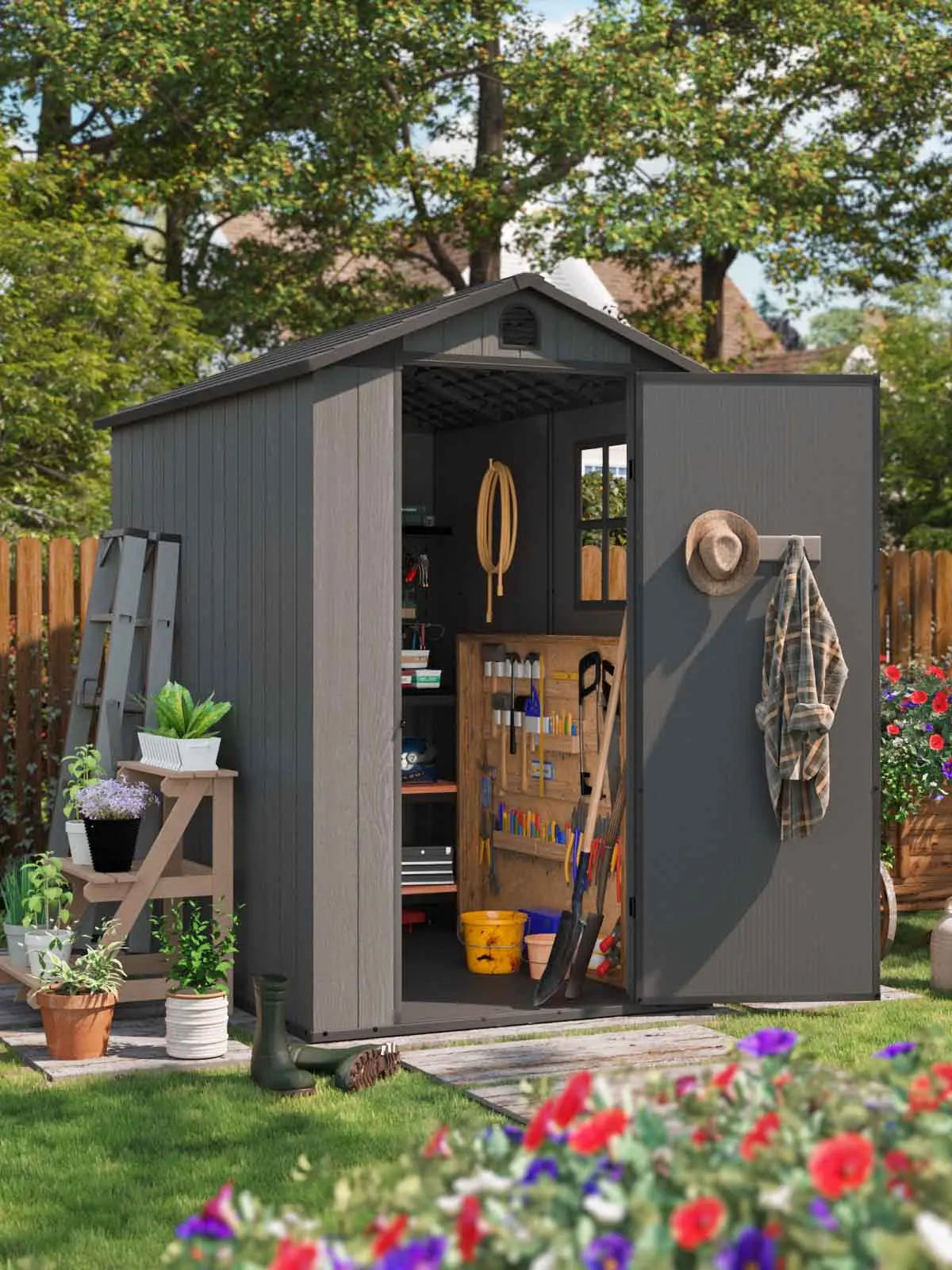 fit-it 4x6 plastic storage shed in a cozy arden-like backyard