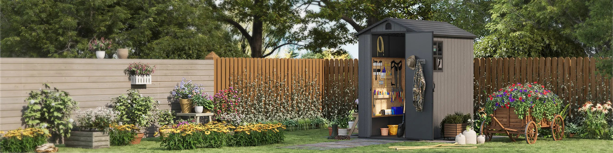 fit-it 4x6 plastic storage shed in a cozy arden-like backyard