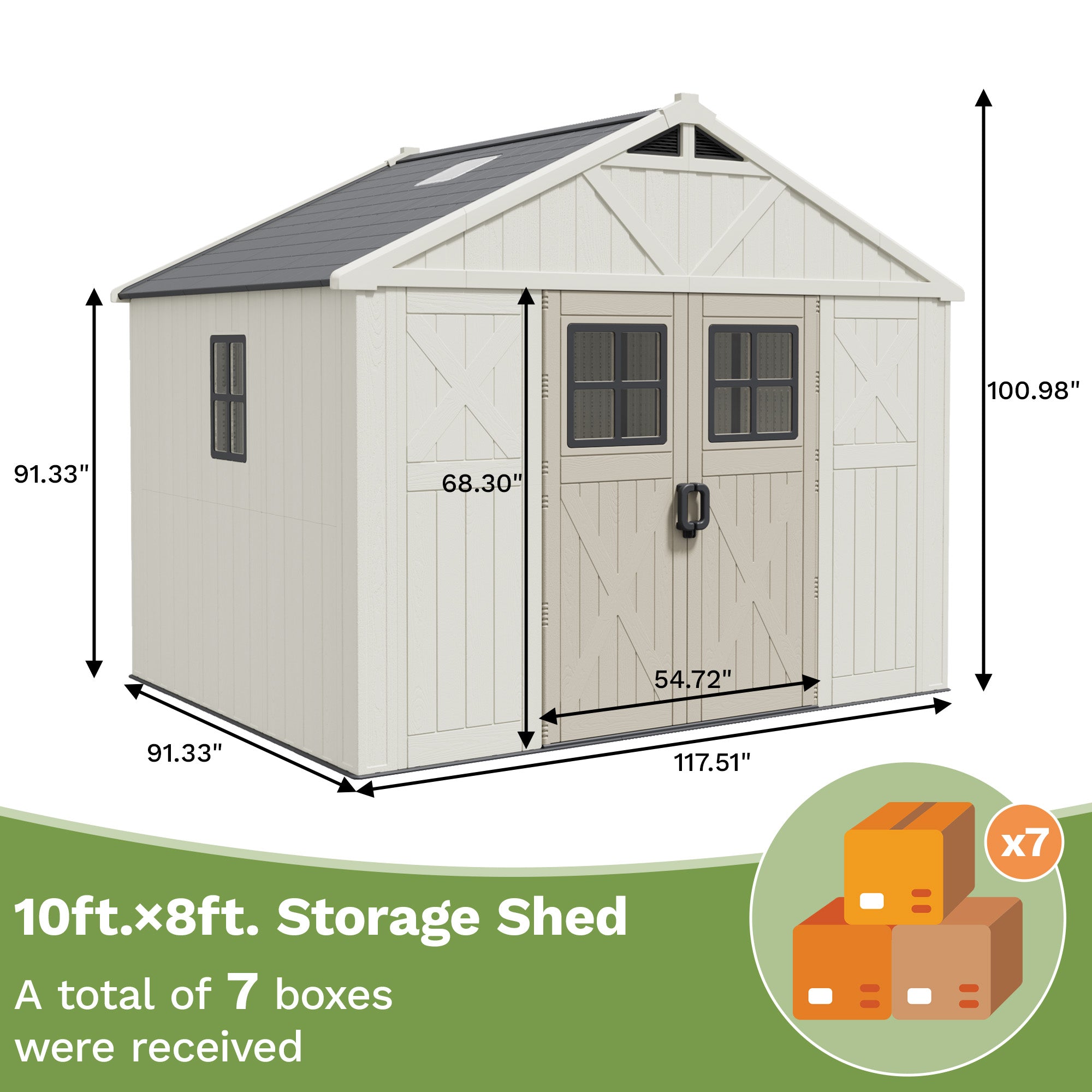 Patiowell 10x8 FT Kick-it Plastic Storage Shed with Skylight & Windows