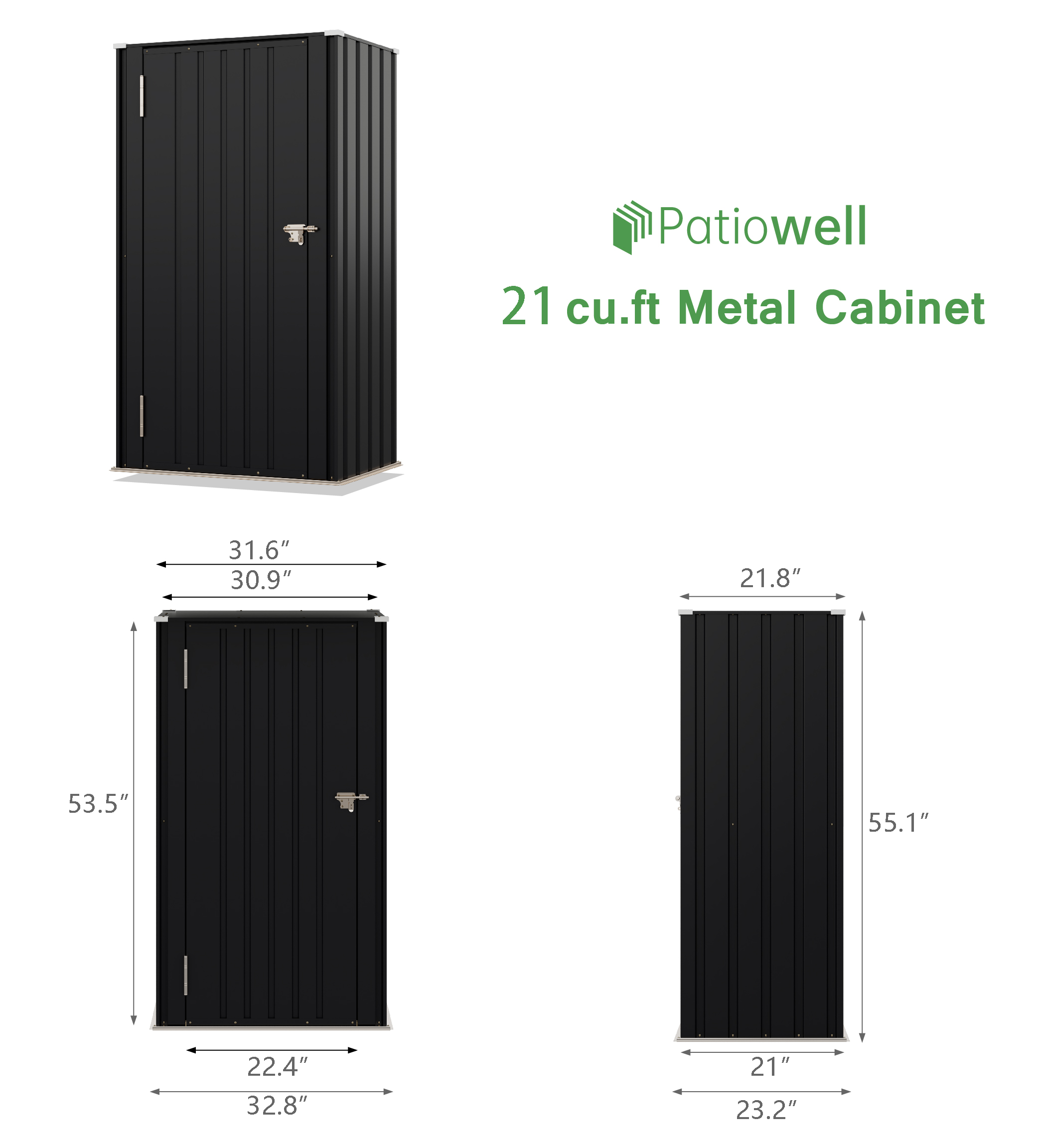 Patiowell, 26cu.ft Tall Black Steel Shed with 3-Tier Shelves - Vertical Organizer Shed for Garden/Tools